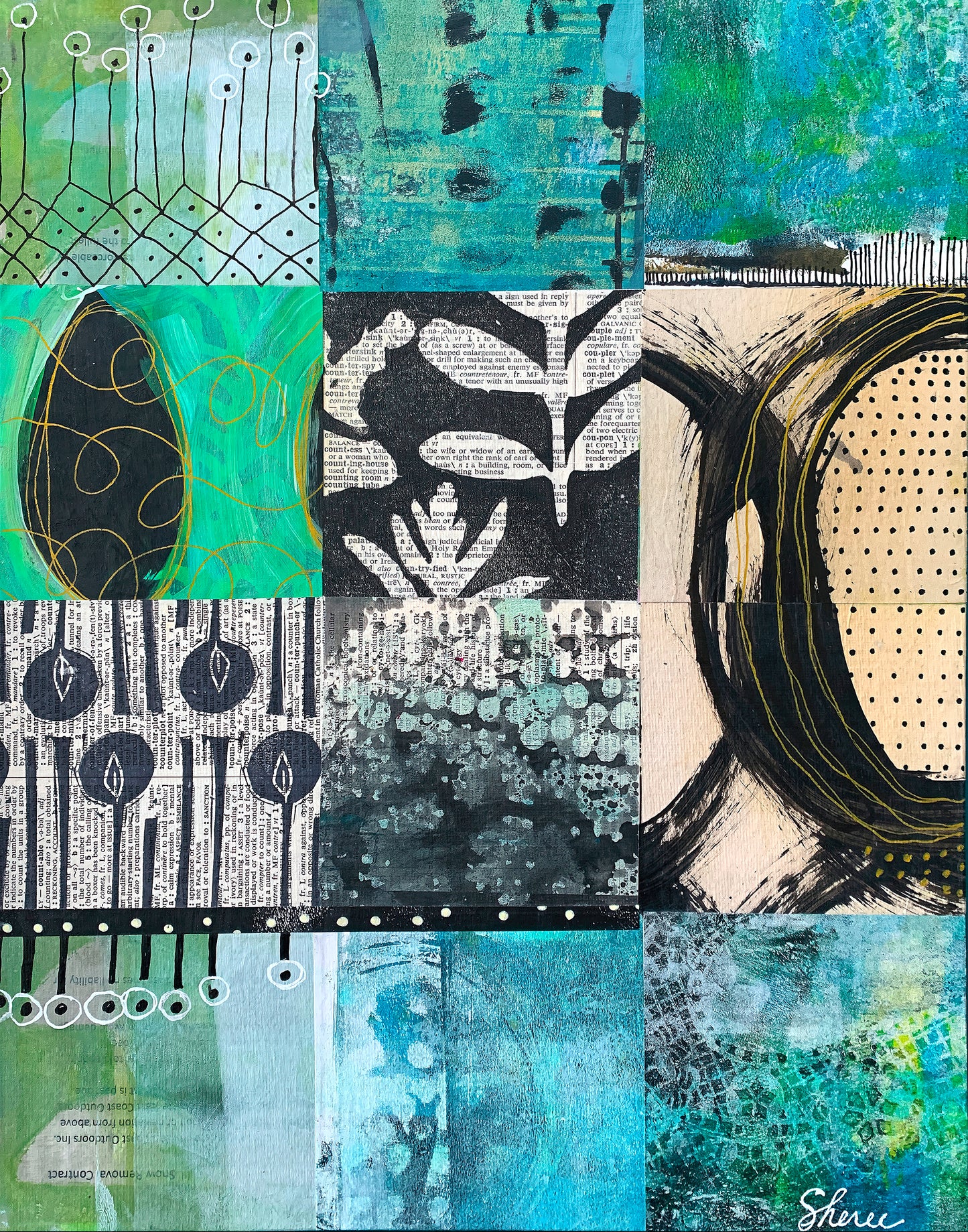 A mixed-media collage artwork featuring a 3x4 grid of textured panels in teal, turquoise, green, black, white, and beige, with abstract patterns, brushstrokes, and printed text elements. 