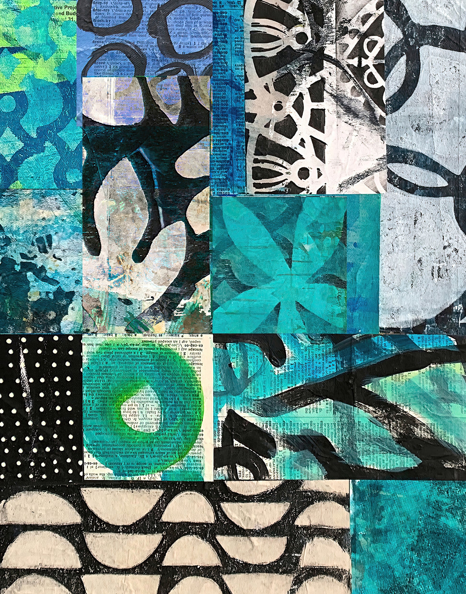 A square abstract art print with a patchwork design in teal, blue, black, white, and green.