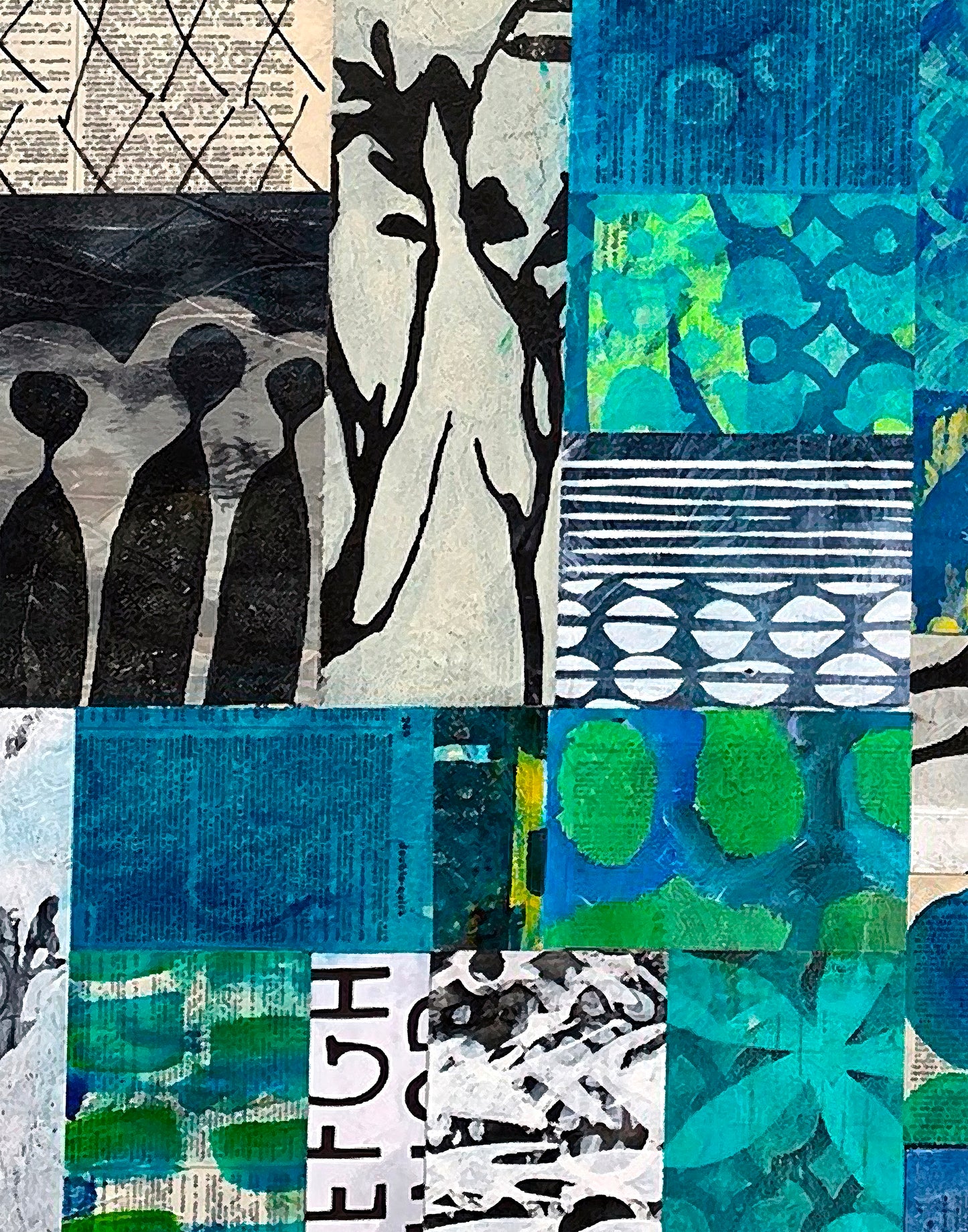 A mixed-media collage art piece featuring various textured panels in shades of blue, green, black, and white, including abstract patterns, silhouettes, and text elements.