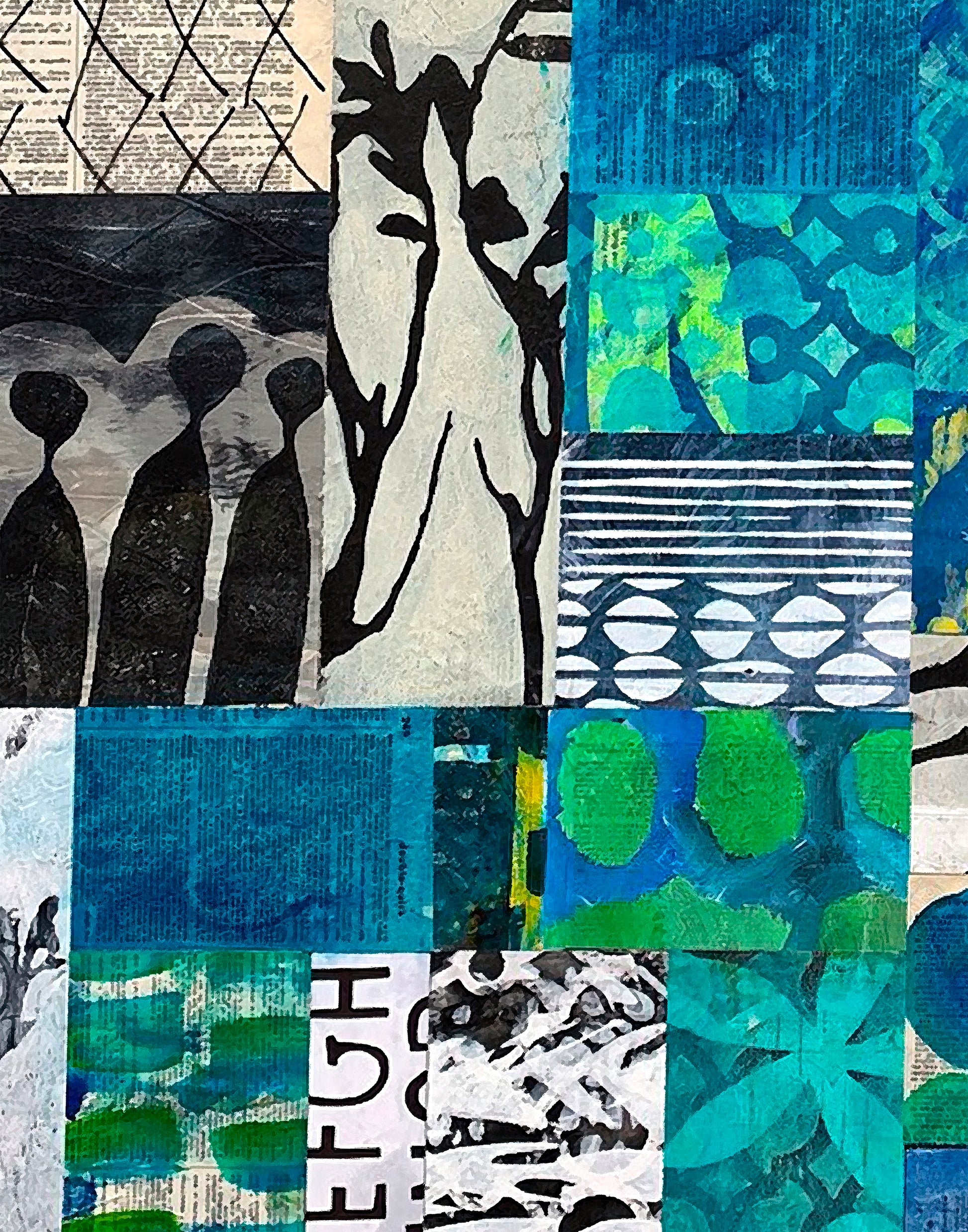 A mixed-media collage art piece featuring various textured panels in shades of blue, green, black, and white, including abstract patterns, silhouettes, and text elements.