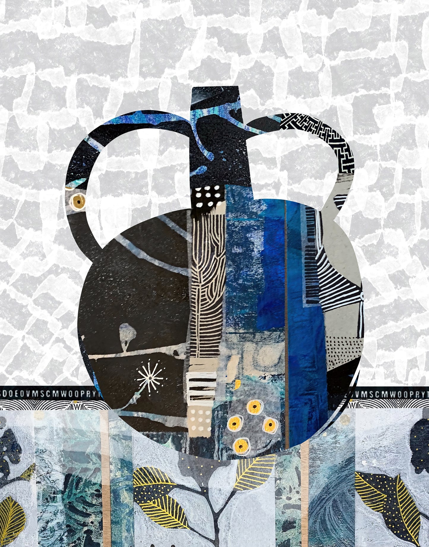 Abstract collage-style artwork featuring a central teapot-like silhouette made from mixed textures and patterns in black, blue, white, gray, and beige, with botanical motifs along the bottom and a light stone-textured background.