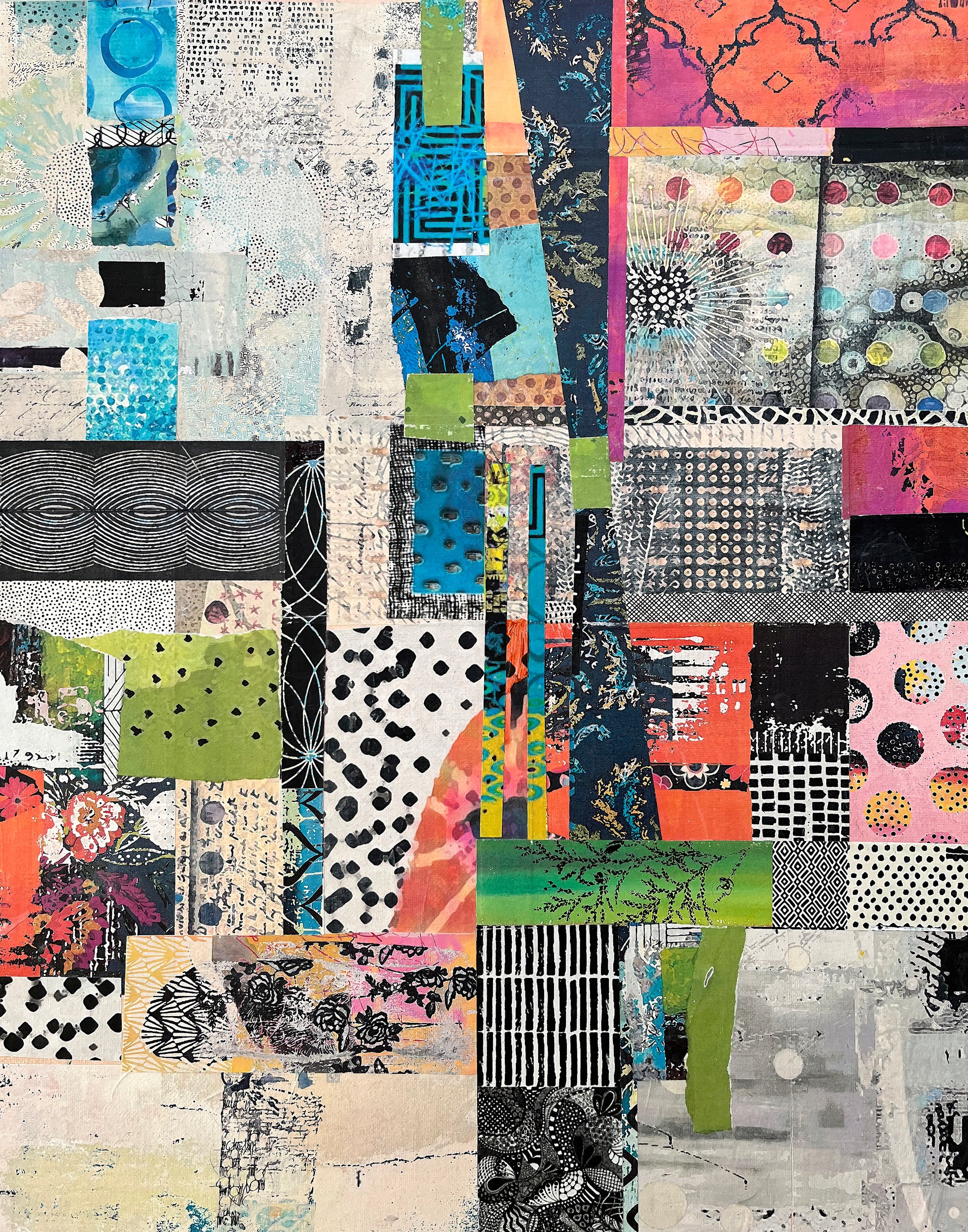 A square abstract collage artwork made of many rectangular patches with mixed patterns, including black-and-white grids, polka dots, floral prints, abstract marks, and bright blocks of blue, pink, orange, green, and cream.