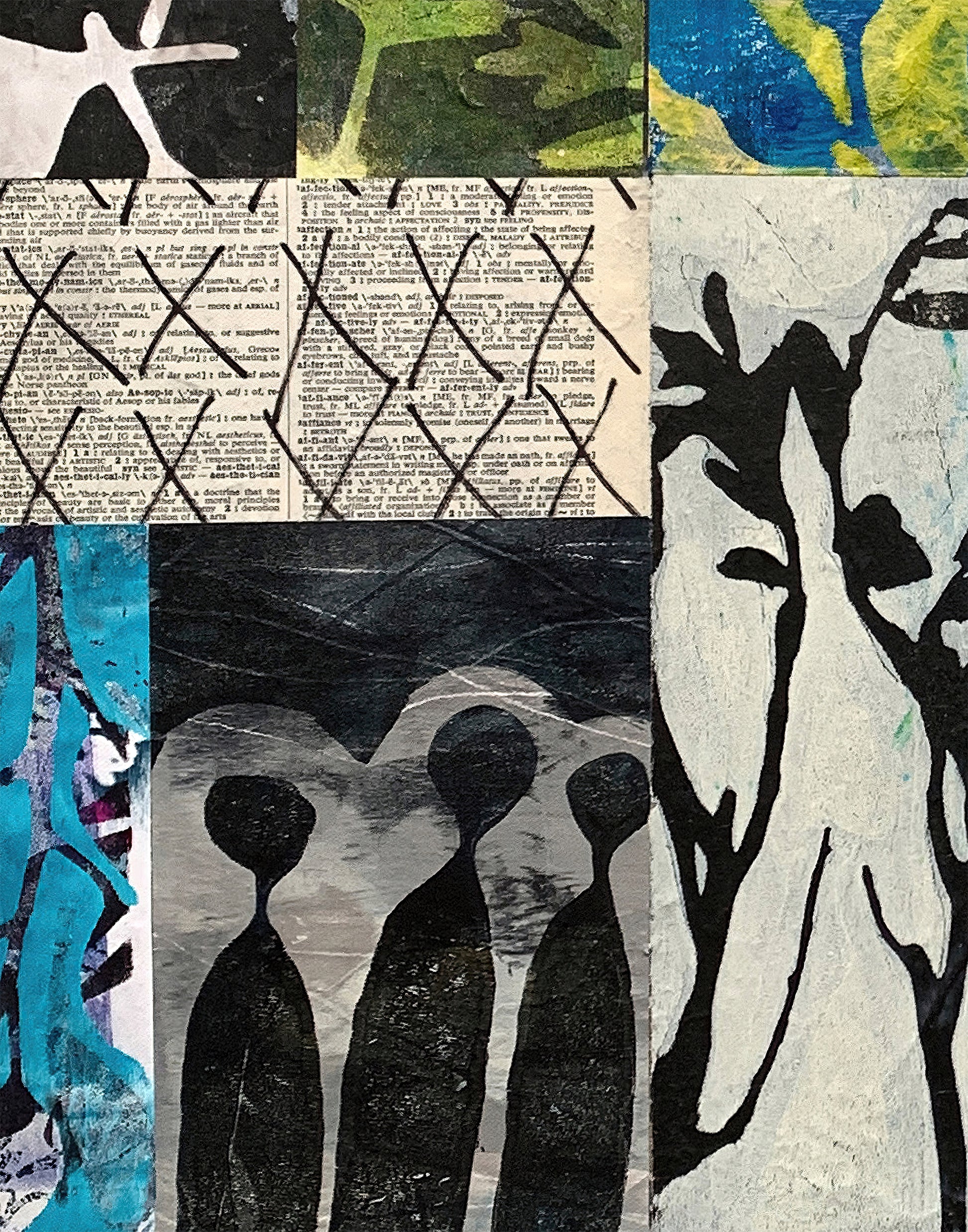 A mixed-media collage artwork featuring abstract black silhouettes, textured paint splatters, newspaper print sections, and natural green and blue organic shapes arranged in a grid-like composition.