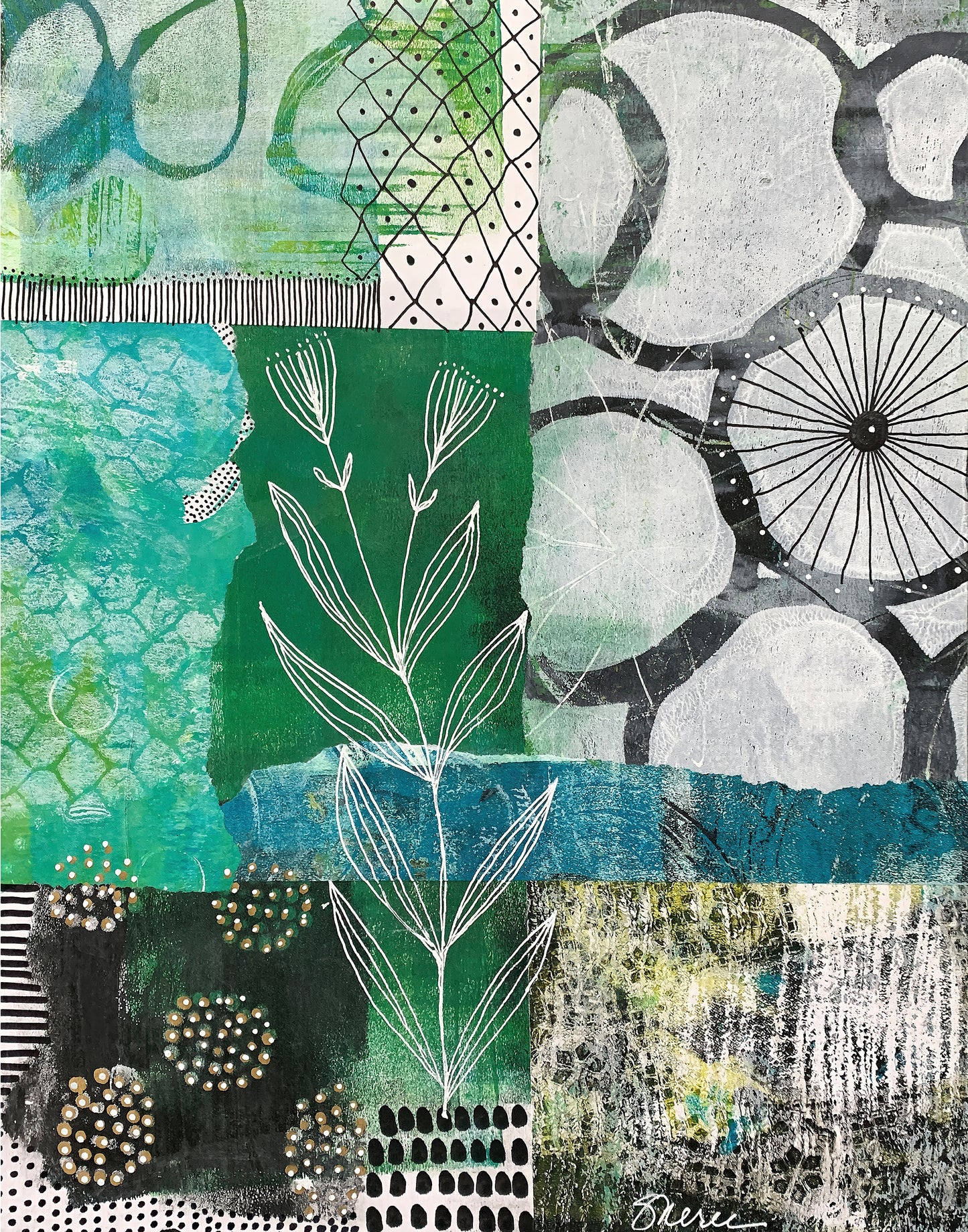 Abstract mixed-media collage artwork featuring textured panels in green, teal, black, white, and gray, with botanical line drawings, geometric patterns, and organic shapes.