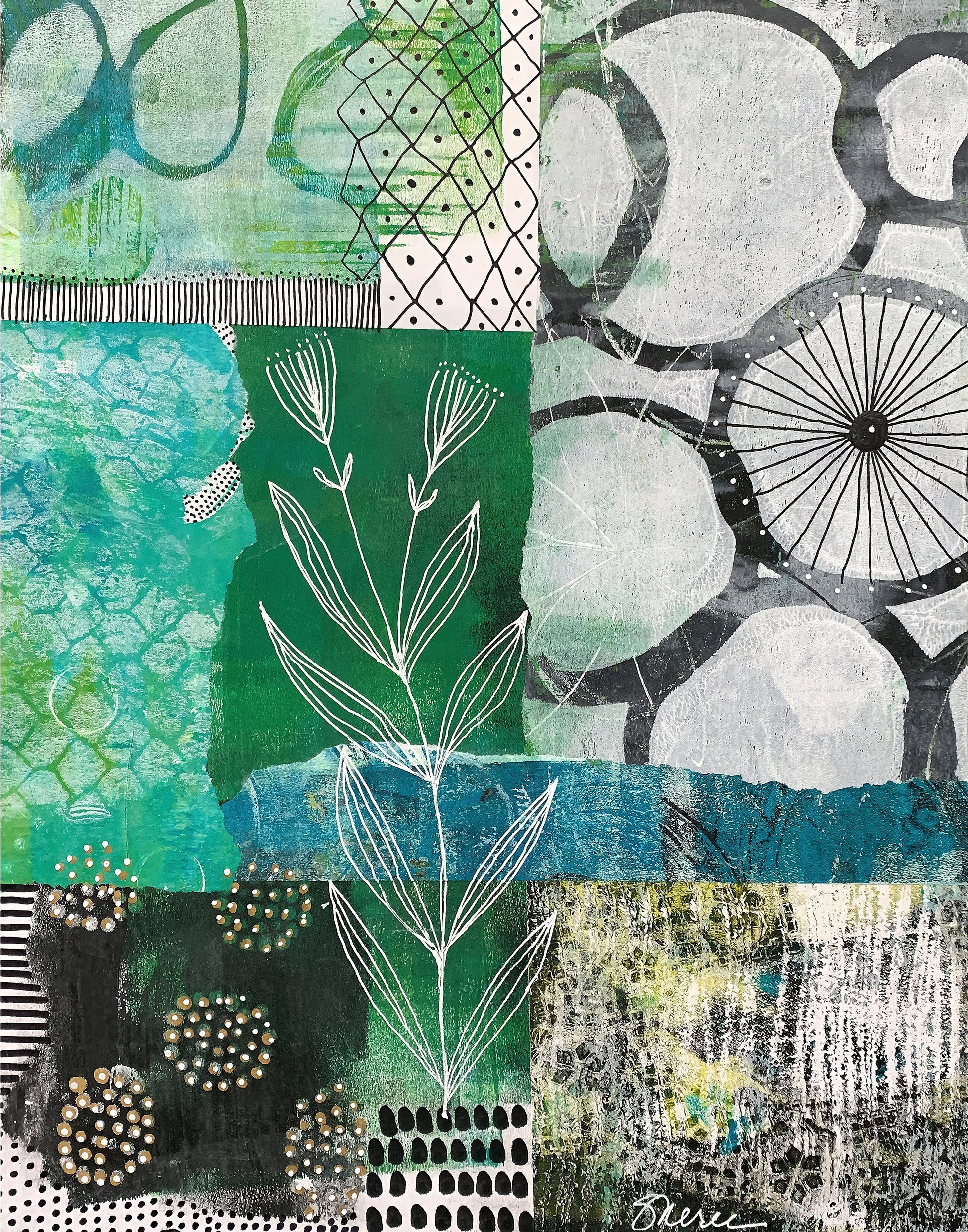 Abstract mixed-media collage artwork featuring textured panels in green, teal, black, white, and gray, with botanical line drawings, geometric patterns, and organic shapes.