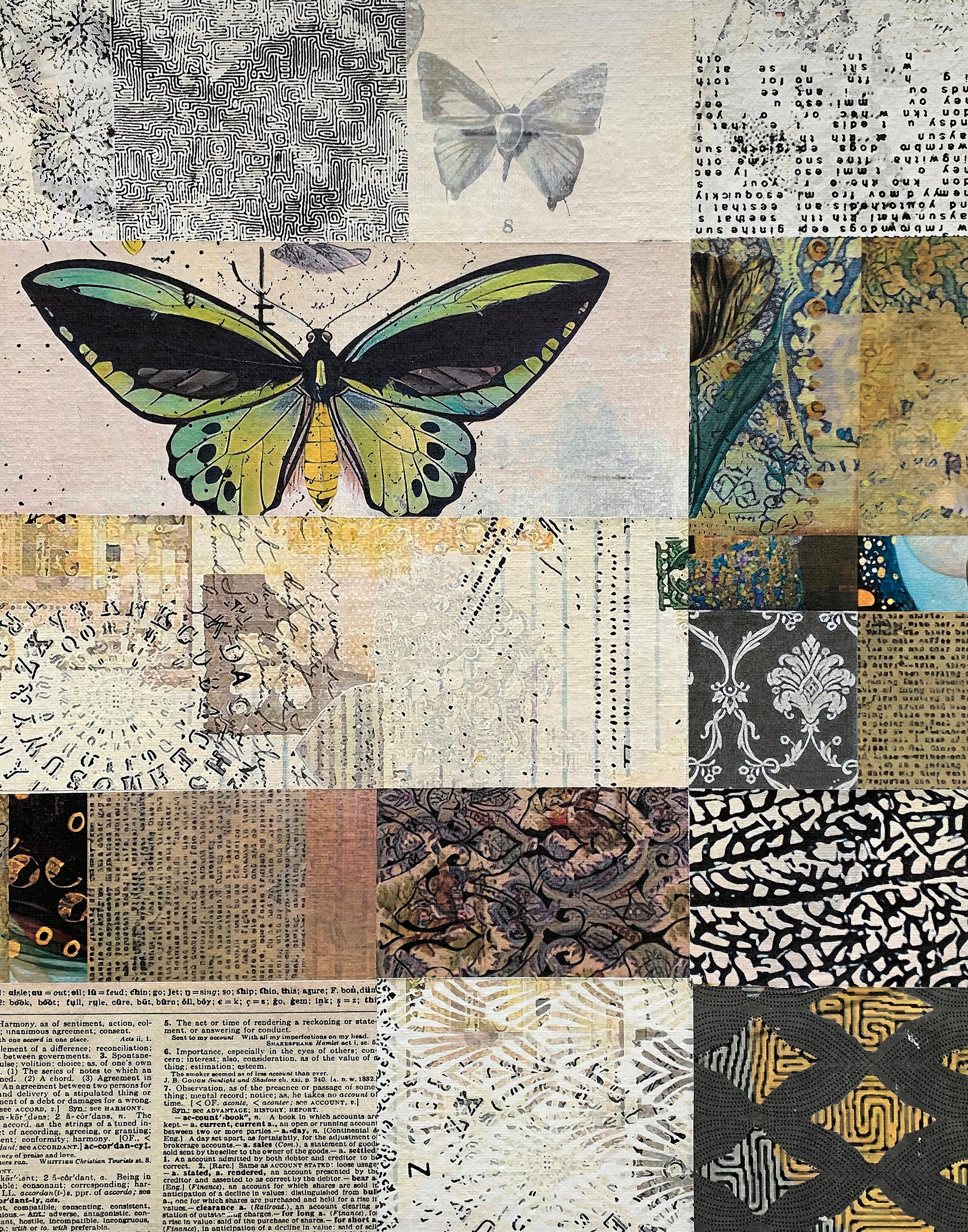 A square collage artwork made of mixed-media paper patches featuring vintage text, patterns, and two large butterfly illustrations in green, yellow, black, and blue tones.