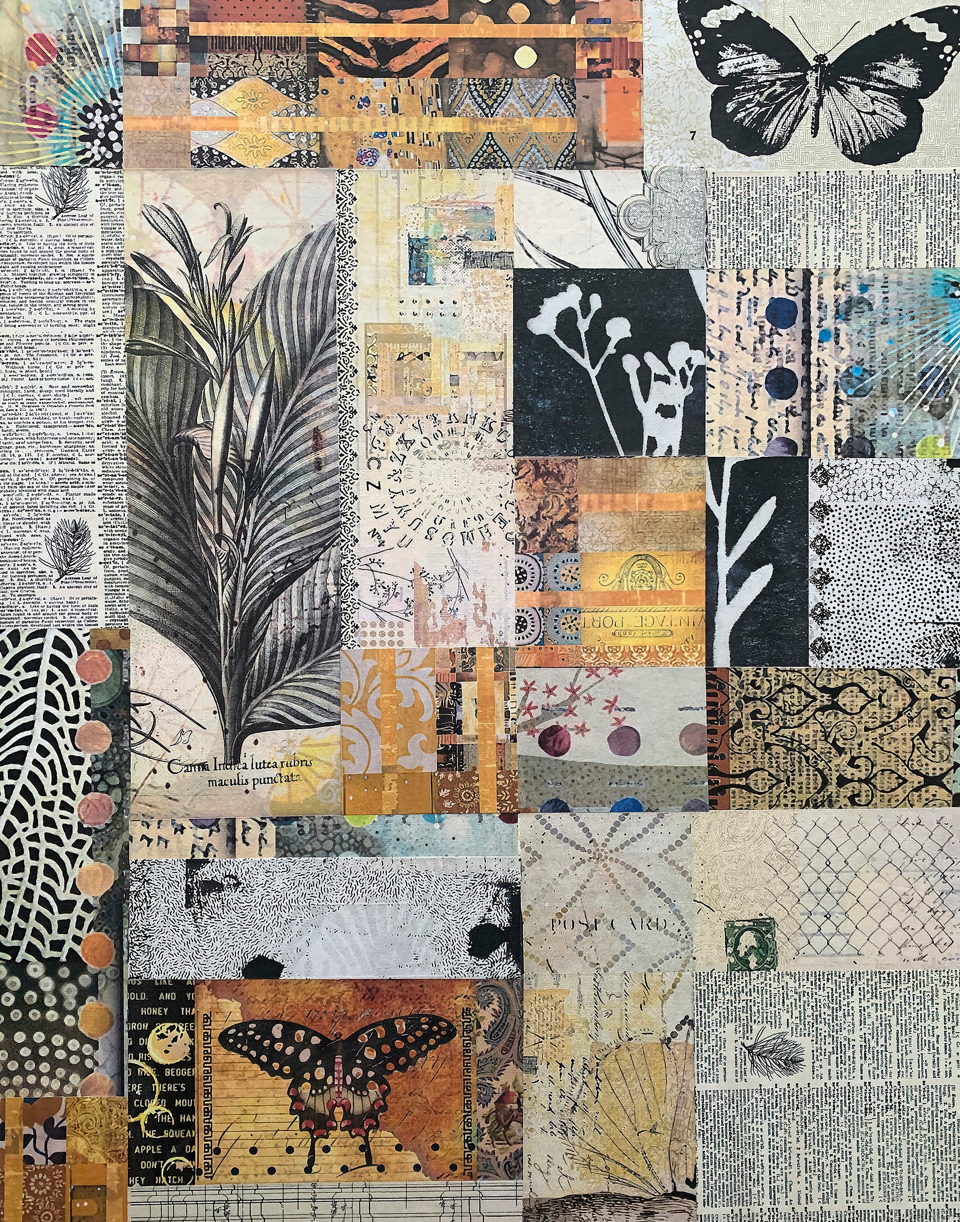 A square mixed-media collage artwork featuring butterfly and leaf illustrations, vintage book text, geometric patterns, and textured paper panels in black, beige, orange, gray, and white.