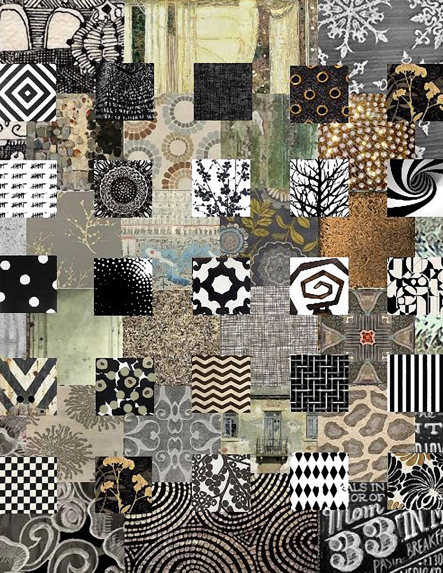 Collage of various black and white patterns on a textured background