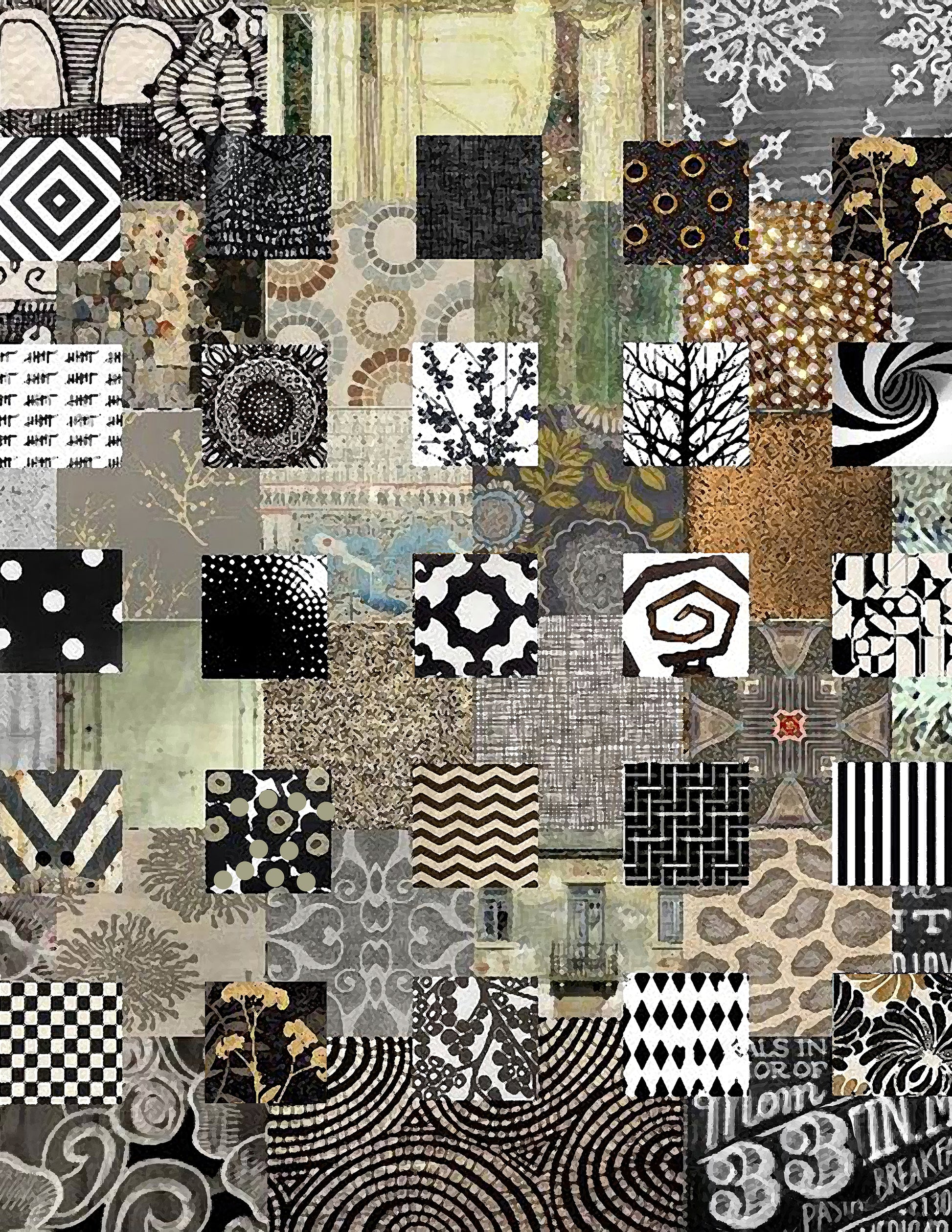 Collage of various black and white patterns on a textured background
