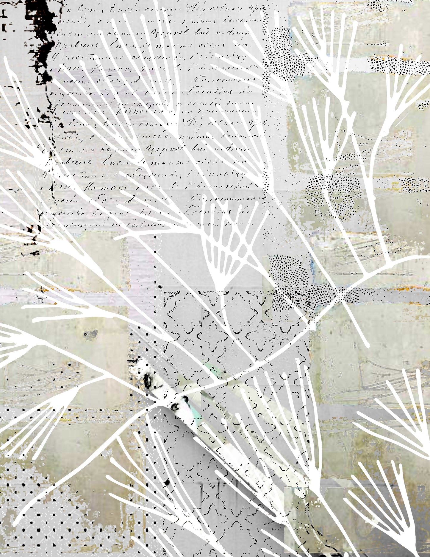 Abstract mixed-media artwork featuring white branching line drawings overlaid on a collage background of vintage letters, textured paper, and muted beige, gray, and off-white tones.