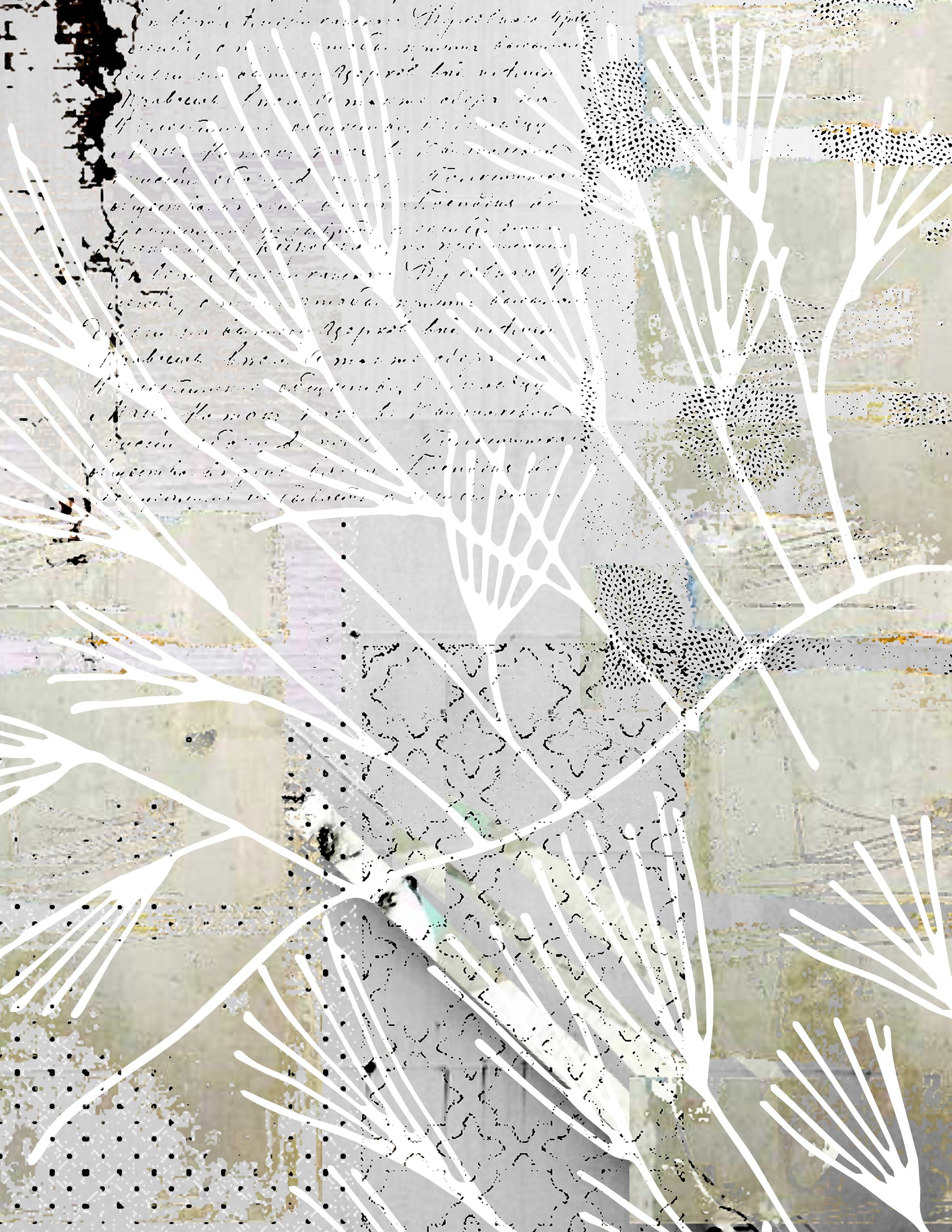 Abstract mixed-media artwork featuring white branching line drawings overlaid on a collage background of vintage letters, textured paper, and muted beige, gray, and off-white tones.