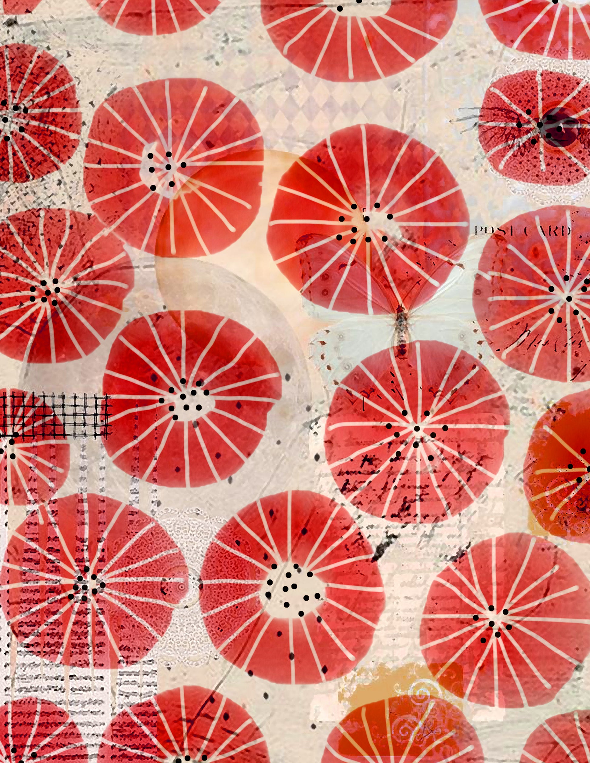 Pattern of red circular shapes on a beige background