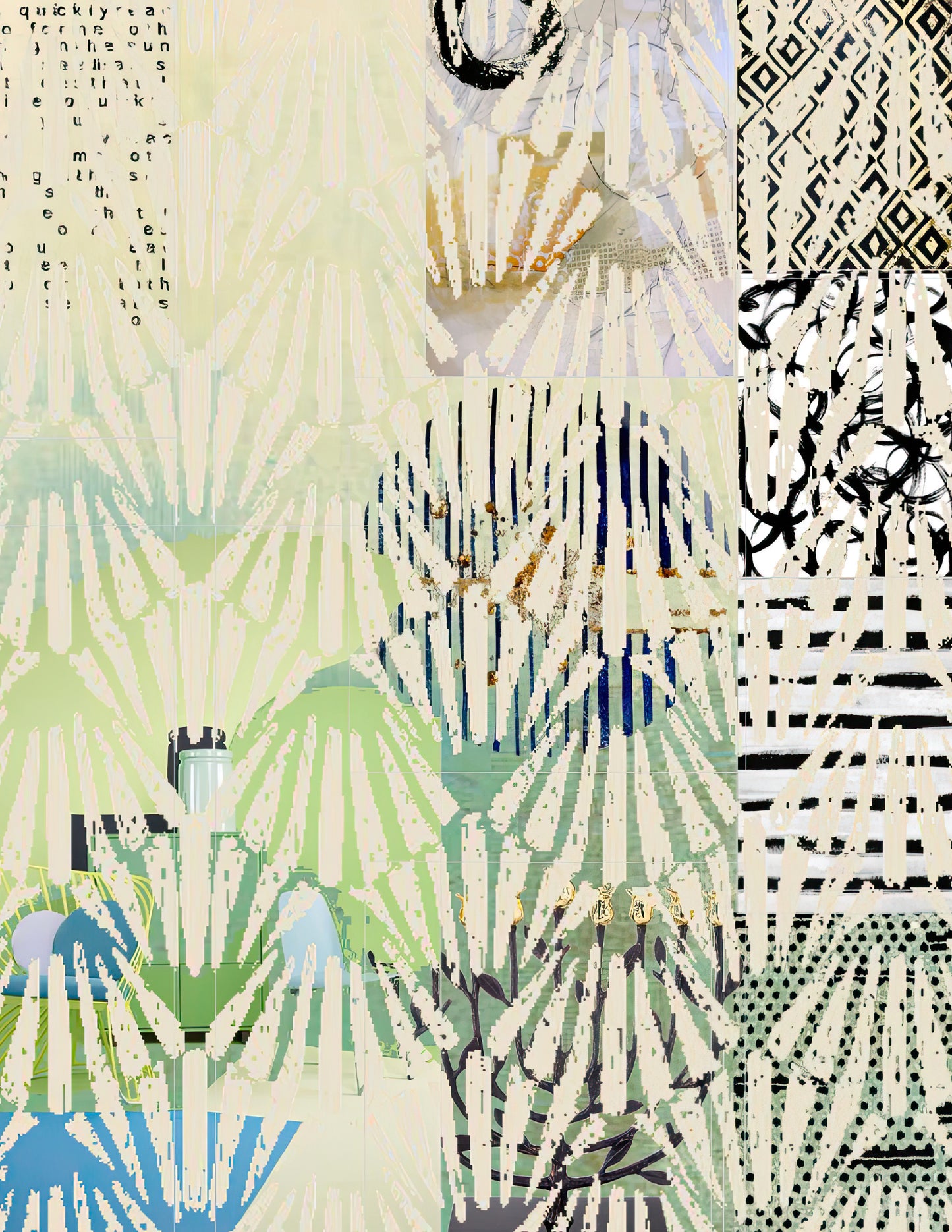 Abstract patchwork artwork with mixed geometric and organic patterns in cream, beige, black, light green, blue, and brown tones.