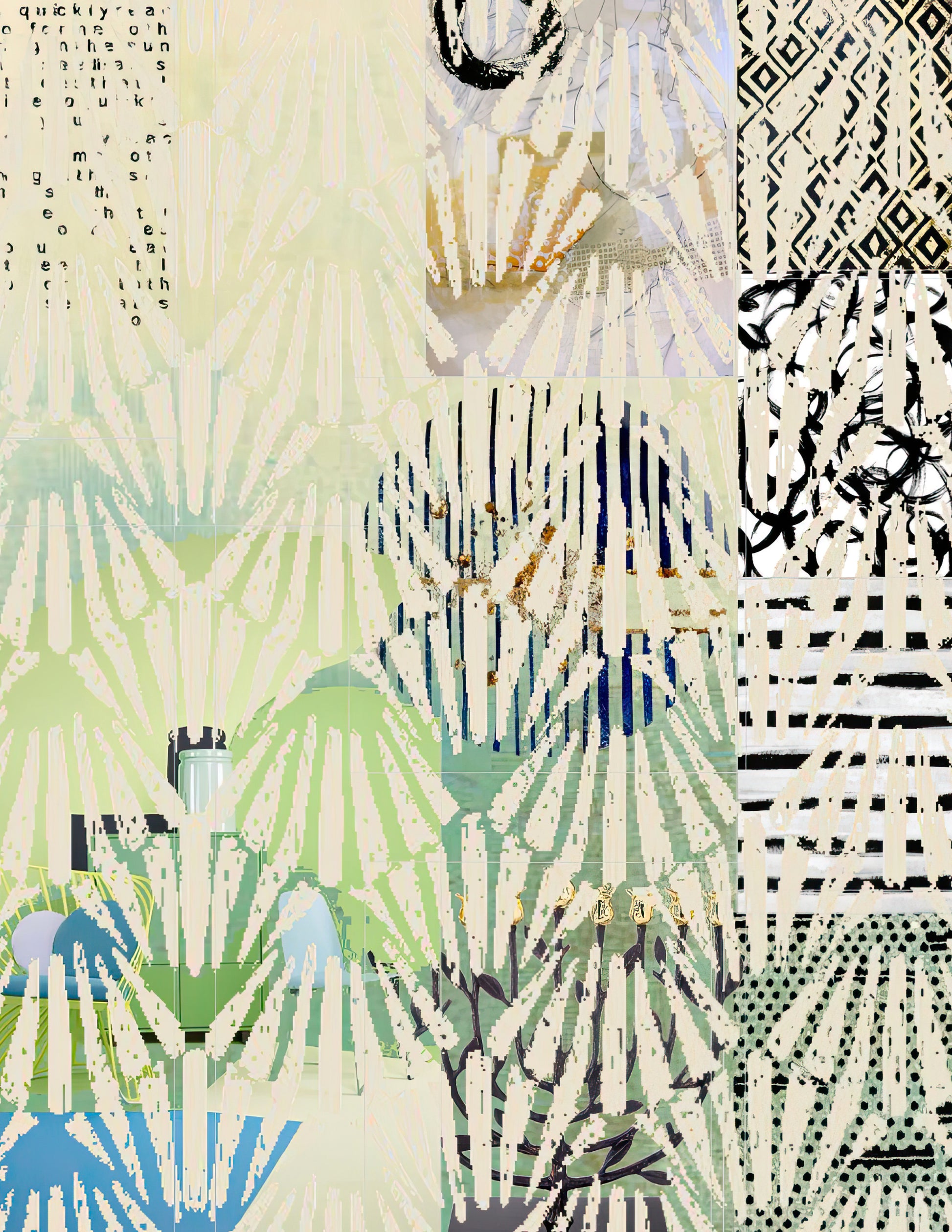 Abstract patchwork artwork with mixed geometric and organic patterns in cream, beige, black, light green, blue, and brown tones.