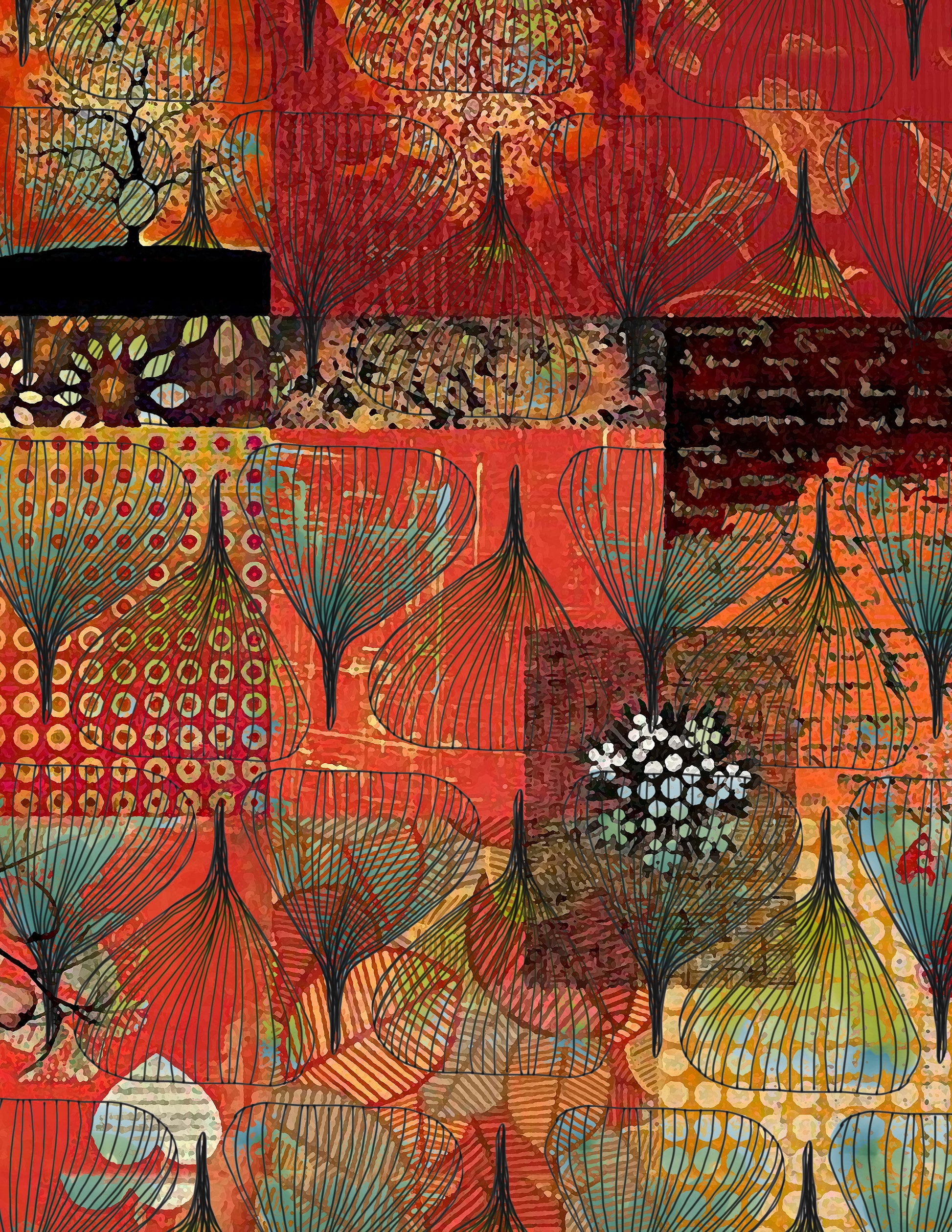 A close-up of a patchwork quilt featuring a retro mid-century modern design with stylized tree and floral motifs in red, orange, yellow, and blue.