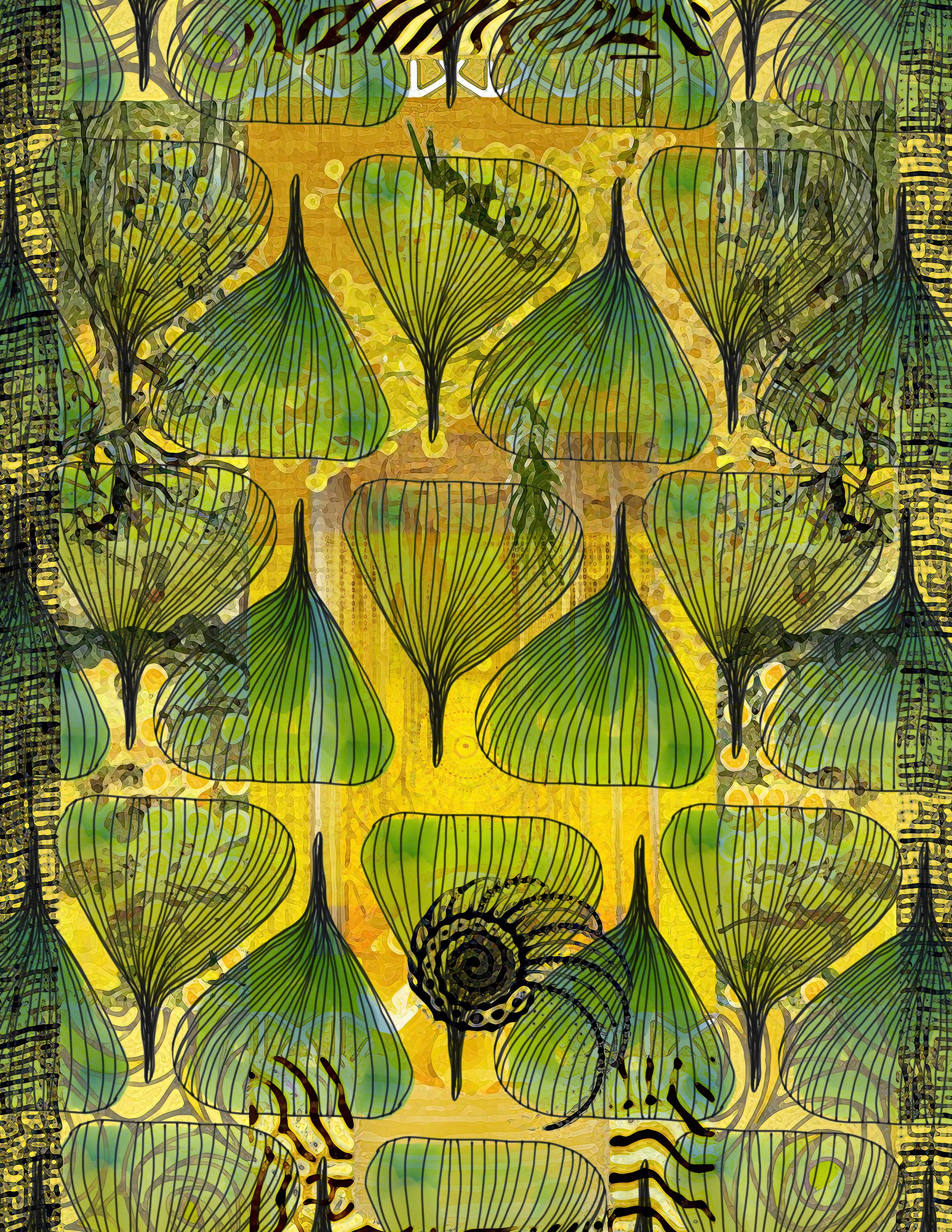 A square art print featuring a dense, stylized botanical pattern of green leaf-like forms on a textured yellow background, with black linework and abstract organic details throughout.