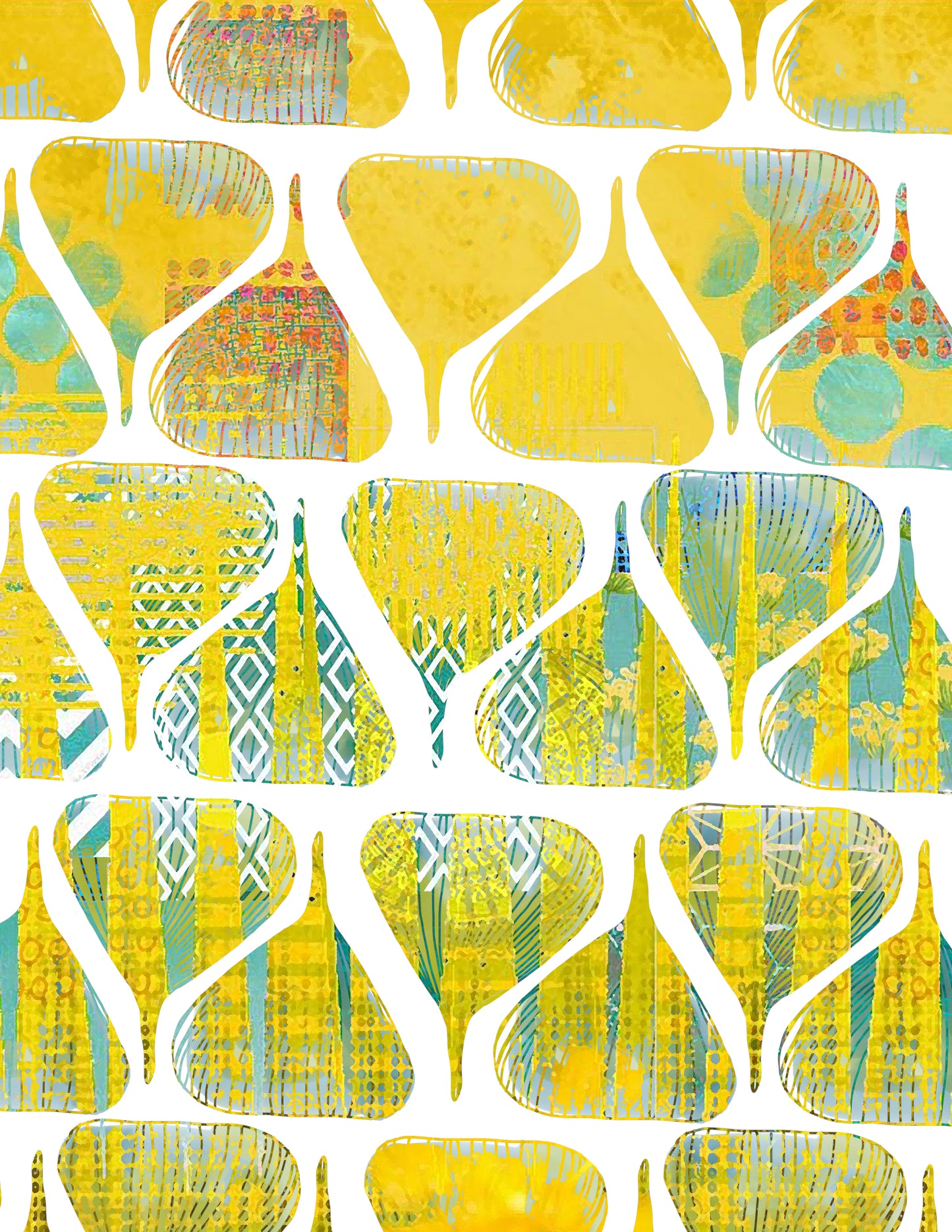 A repeating abstract pattern of teardrop-shaped motifs in yellow, aqua blue, and white, with textured brushstroke and geometric details.