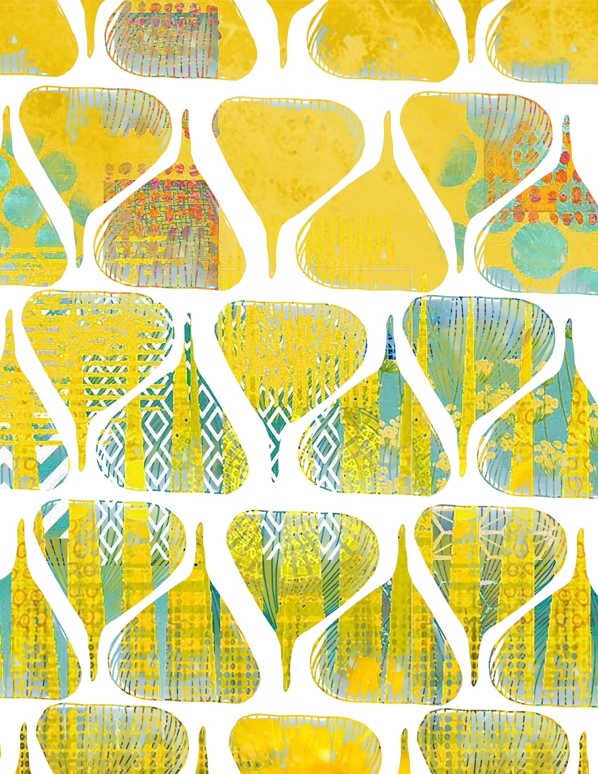 A repeating abstract pattern of teardrop-shaped motifs in yellow, aqua blue, and white, with textured brushstroke and geometric details.