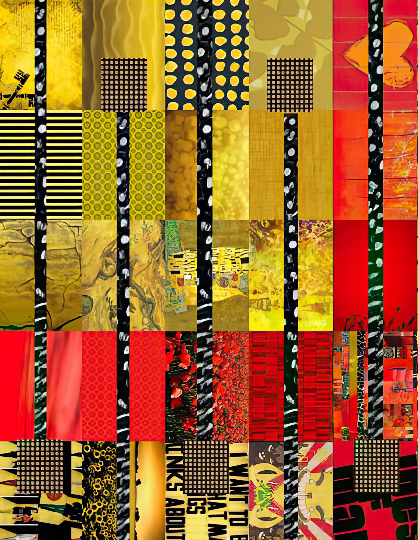 A vibrant patchwork quilt design featuring vertical stripes of various patterns and colors, dominated by yellow, red, black, and orange, with some green and white accents.