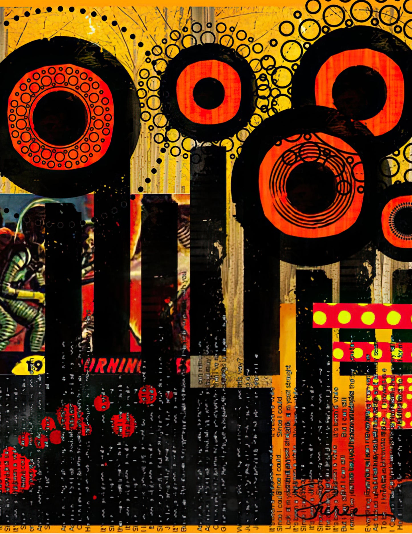 Abstract collage artwork with bold black circular forms, red and orange concentric rings, yellow background areas, vertical black bars, dotted pattern blocks, and collage-text elements.
