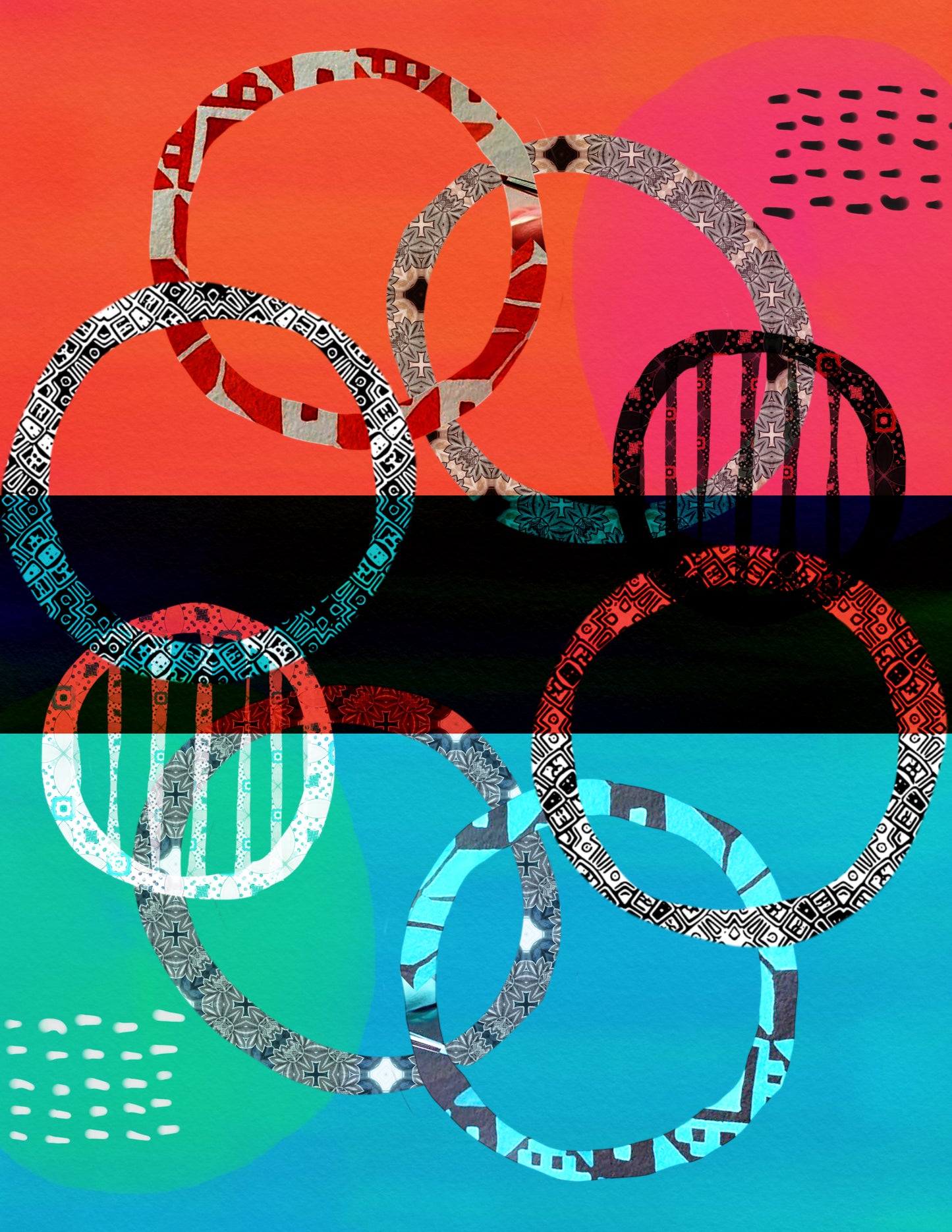 Red and teal abstract art circles