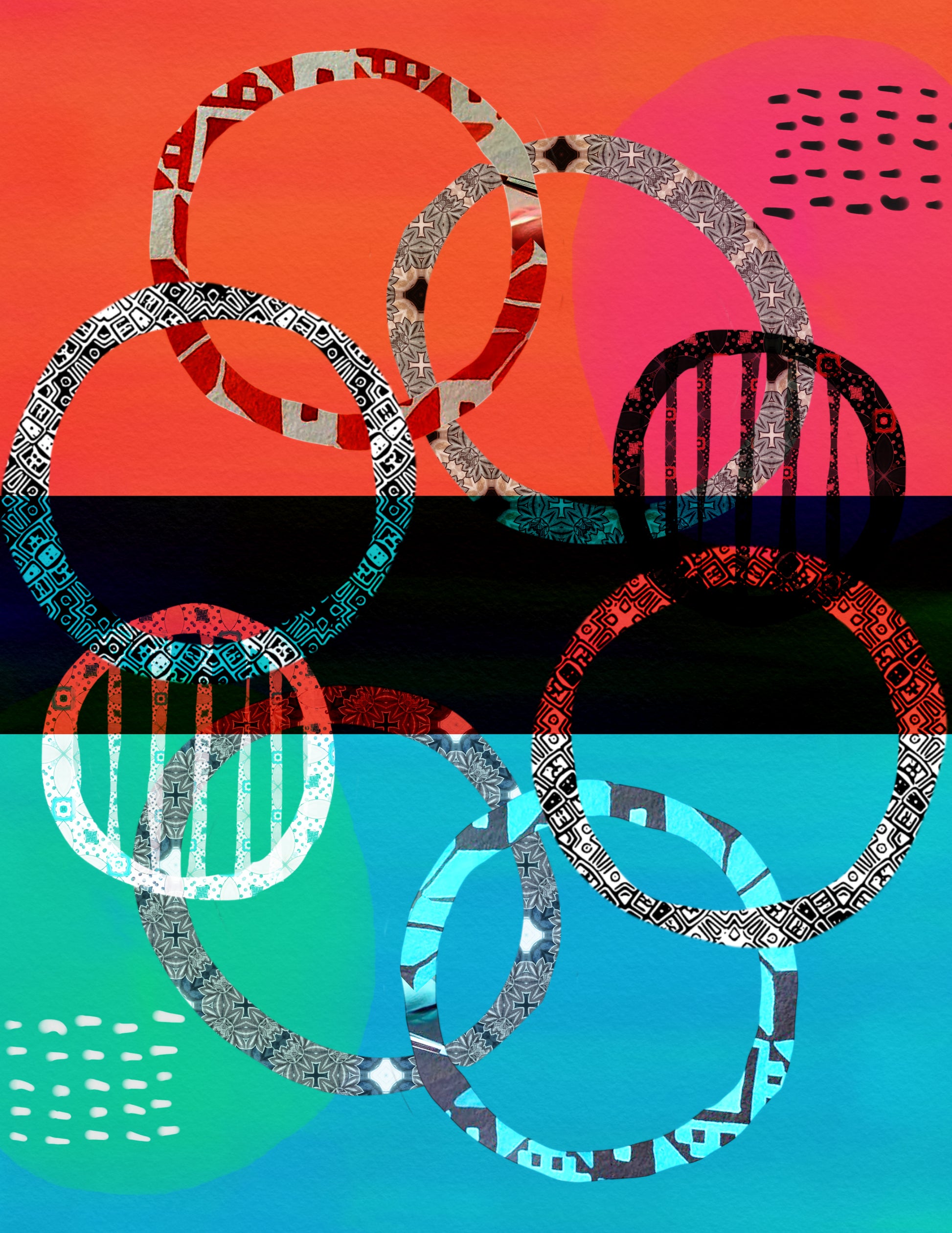 Red and teal abstract art circles