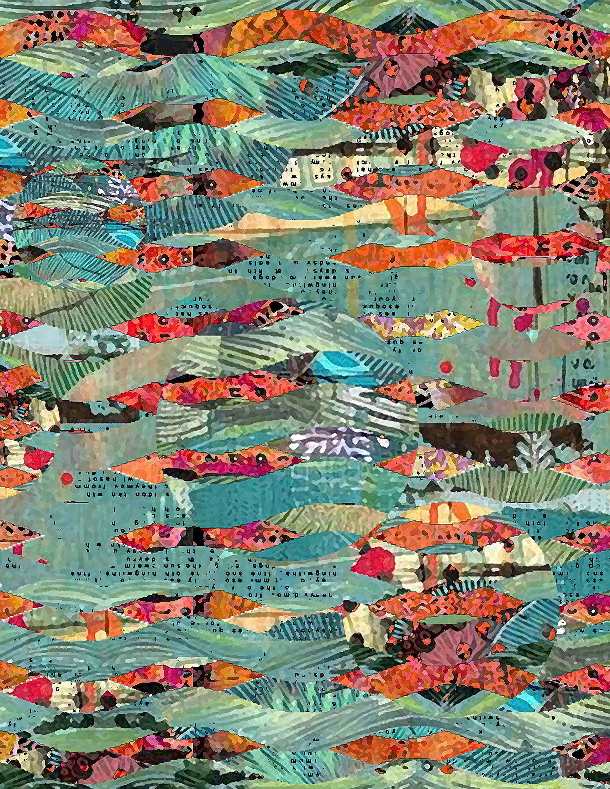 A dense, colorful abstract collage artwork filled with layered shapes, brush textures, and small illustrated figures in teal, orange, pink, red, green, black, and white.