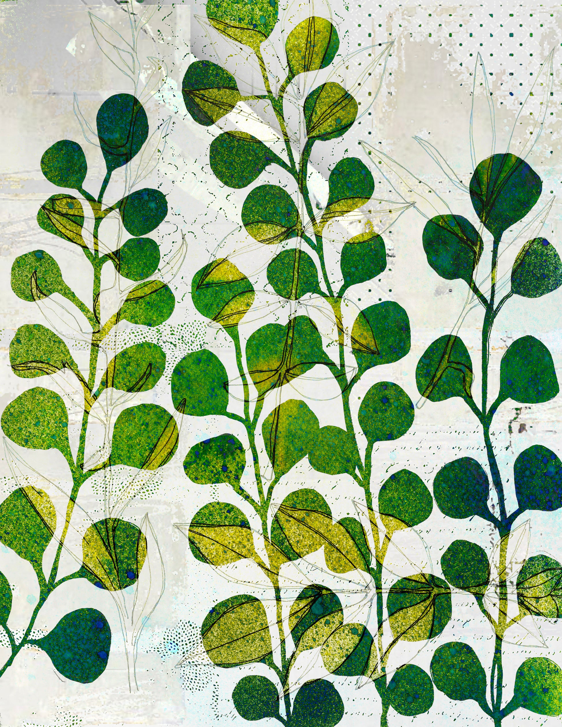 Abstract botanical artwork featuring green and yellow-green leafy stems on a textured off-white background with dotted and scribbled details.