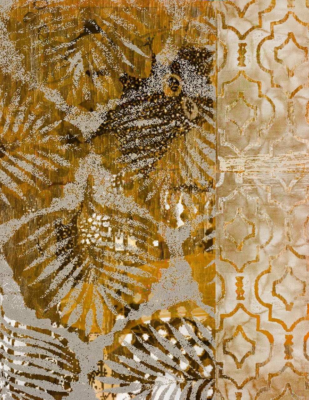 Patterned fabric with gold and beige designs