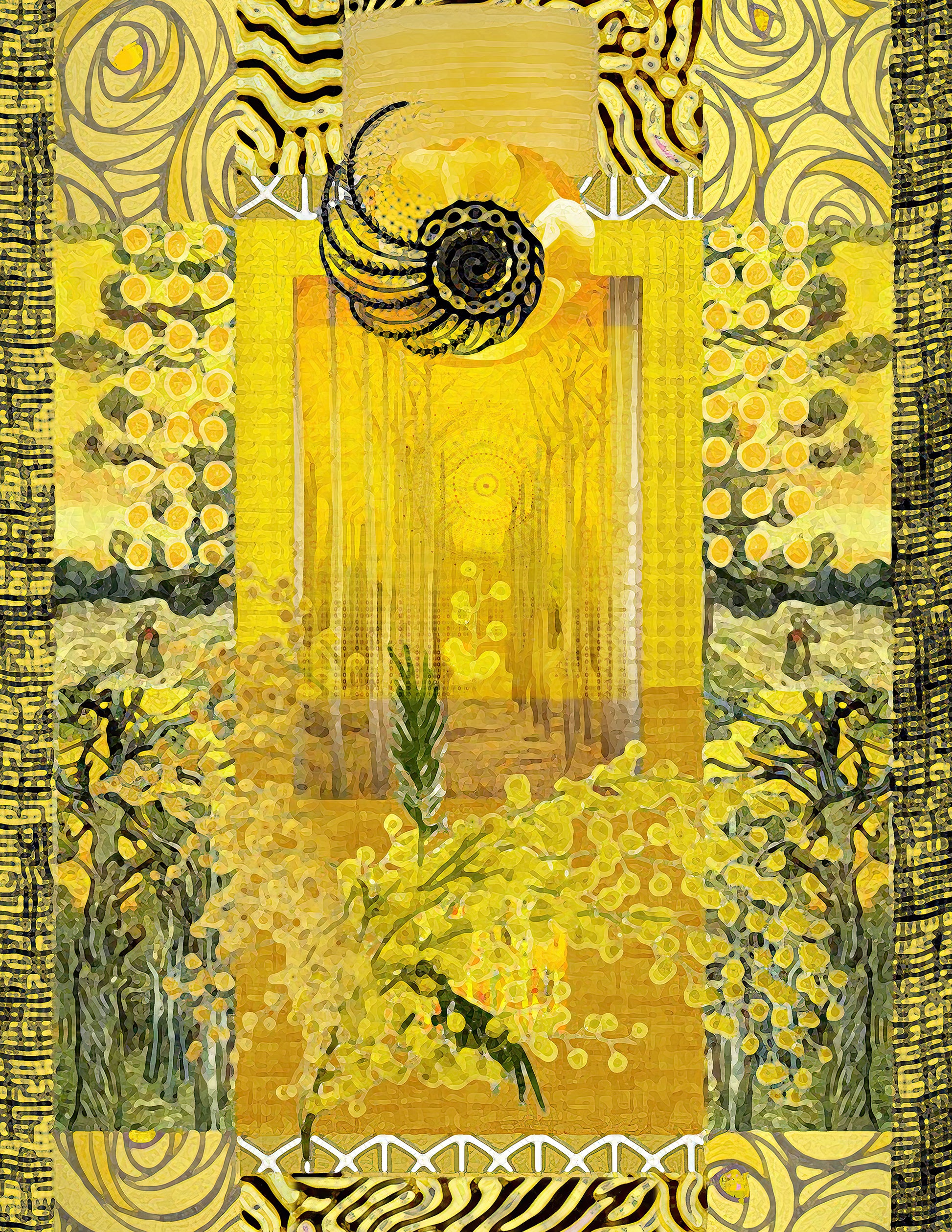 A square art print featuring a highly detailed, Art Nouveau-inspired collage design in shades of yellow, gold, beige, and black. The pattern includes stylized trees, floral elements, a central column, and decorative borders.