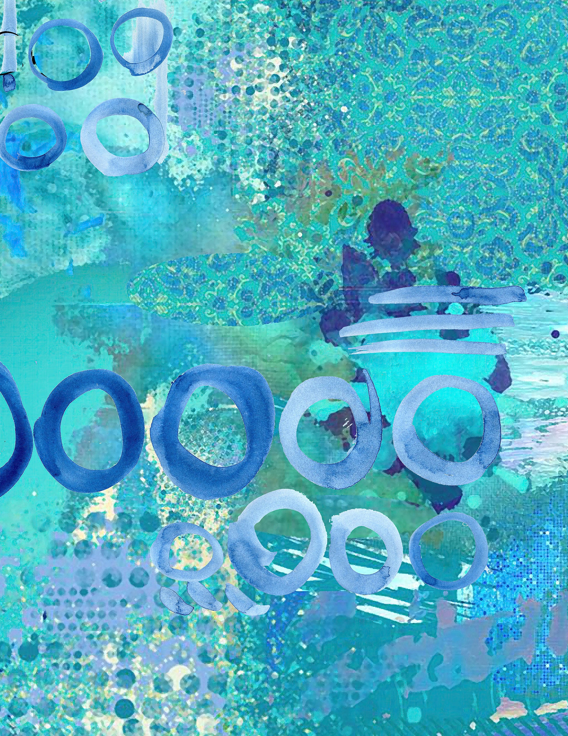 Abstract mixed-media artwork featuring layered turquoise, teal, and blue textures with circular brushstrokes, dotted patterns, and organic splashes of purple and yellow-green.