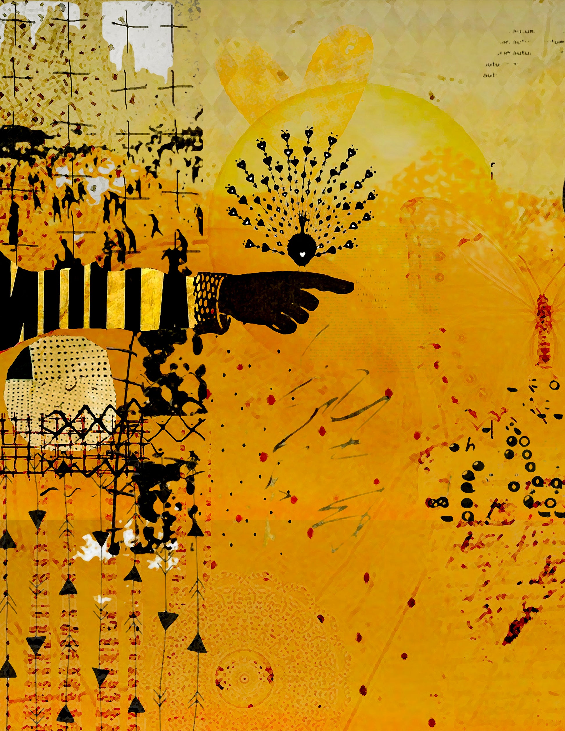 Abstract mixed-media artwork featuring a warm yellow and ochre background with black gestural marks, a striped arm pointing inward, a circular motif, and scattered organic and geometric details.