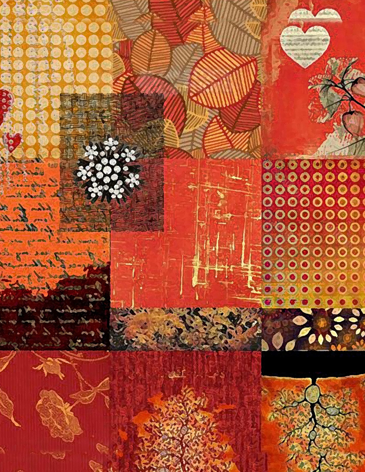 A square patchwork-style artwork made of multiple warm-toned panels with autumn motifs, including red, orange, yellow, brown, black, and white patterns such as dots, leaves, script, floral clusters, and tree silhouettes.