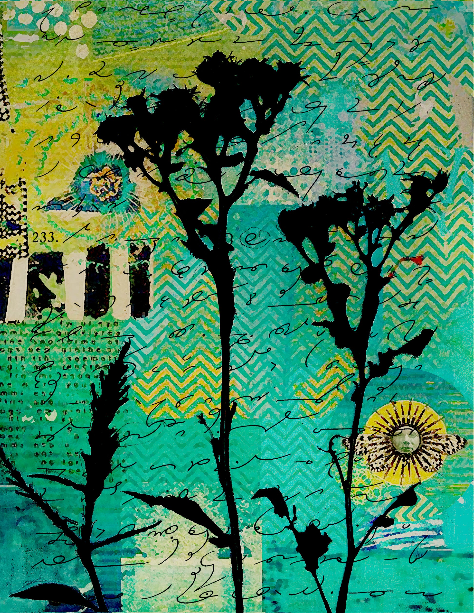 Mixed-media collage artwork featuring black wildflower silhouettes against a vibrant turquoise and yellow background with geometric patterns, handwritten script, and a sun illustration.