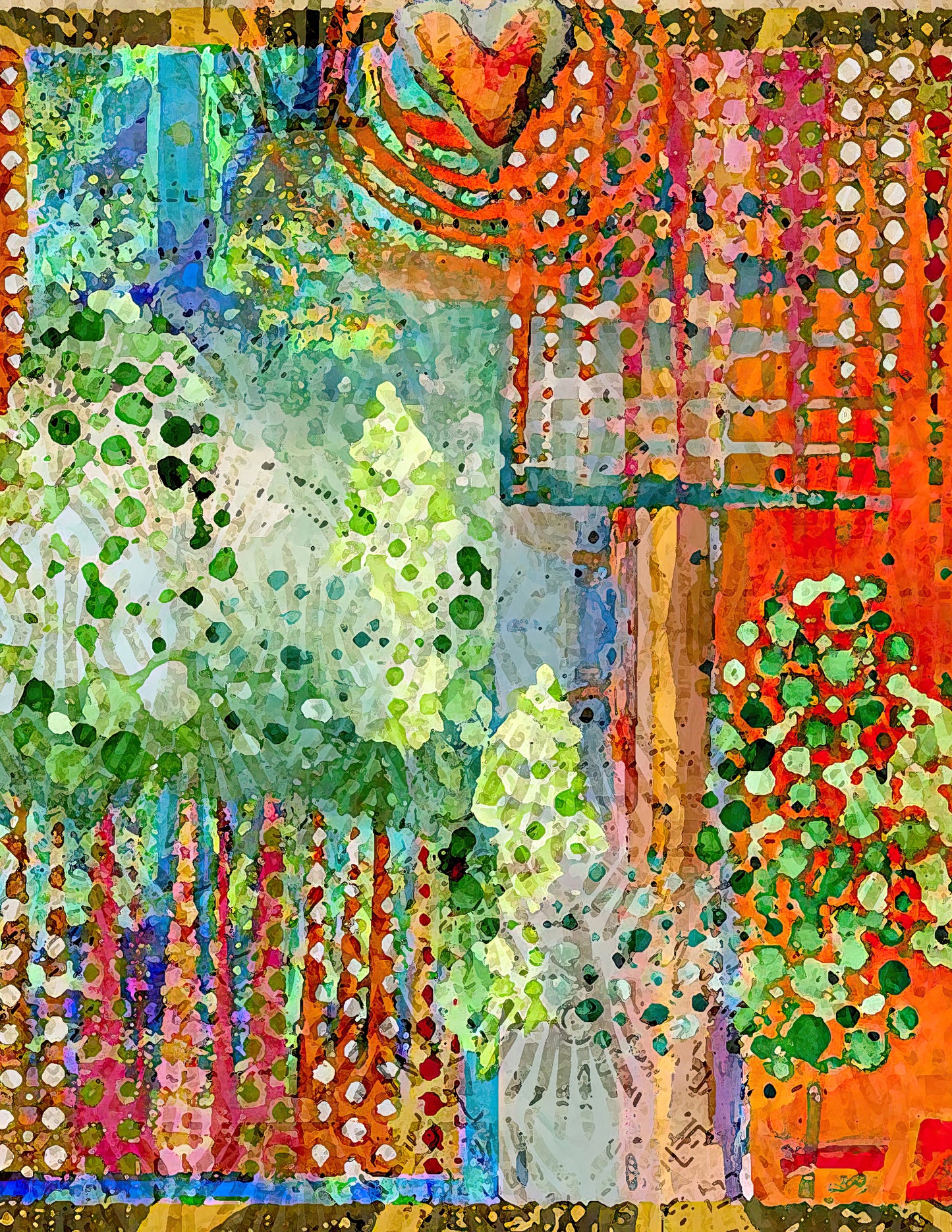 A vibrant, textured abstract painting featuring a collage-like composition of green foliage, orange and red patterns, blue and teal sections, and white dotted details, framed by a gold-toned border.