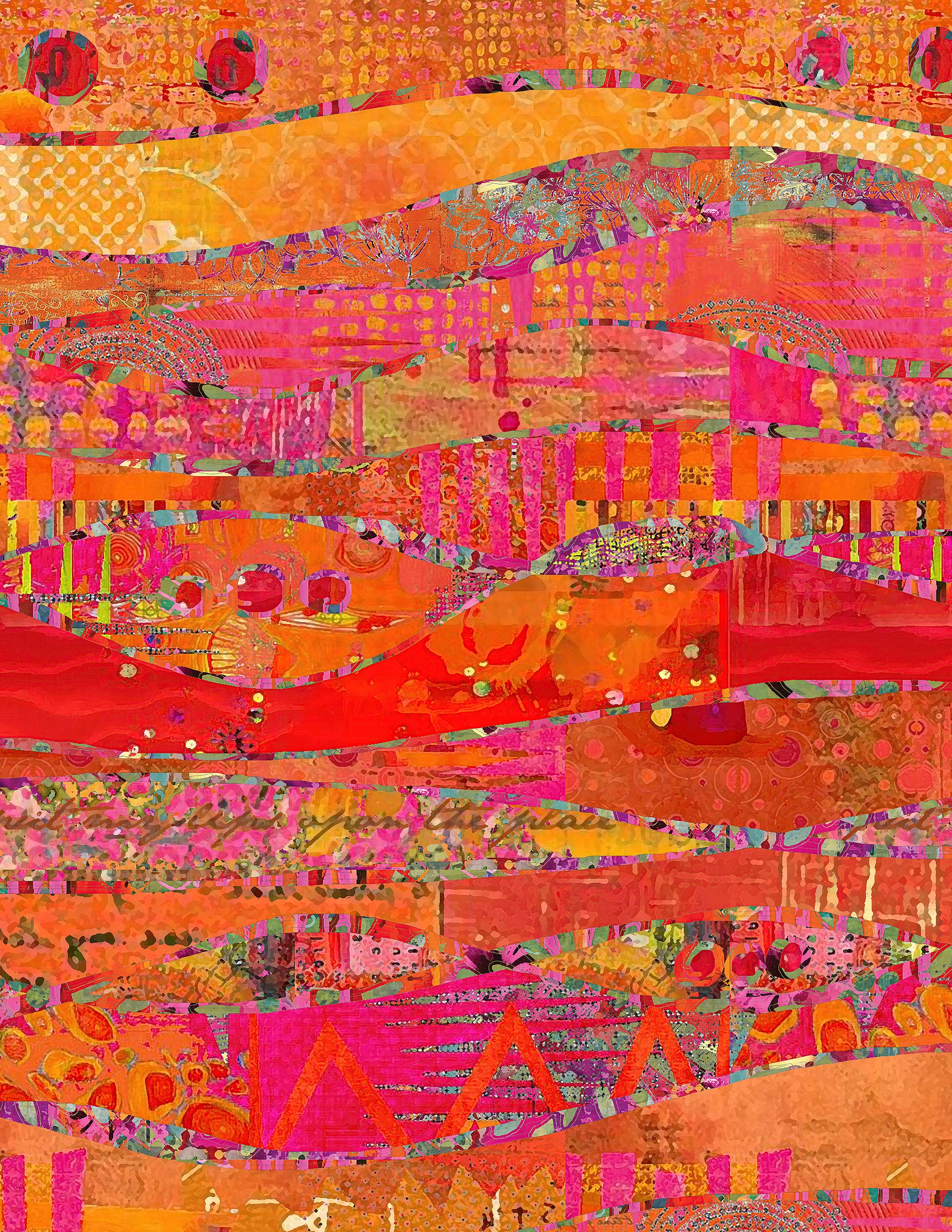 A vibrant abstract collage artwork featuring layered horizontal bands of orange, red, pink, and yellow with textured patterns, geometric shapes, and collage elements.