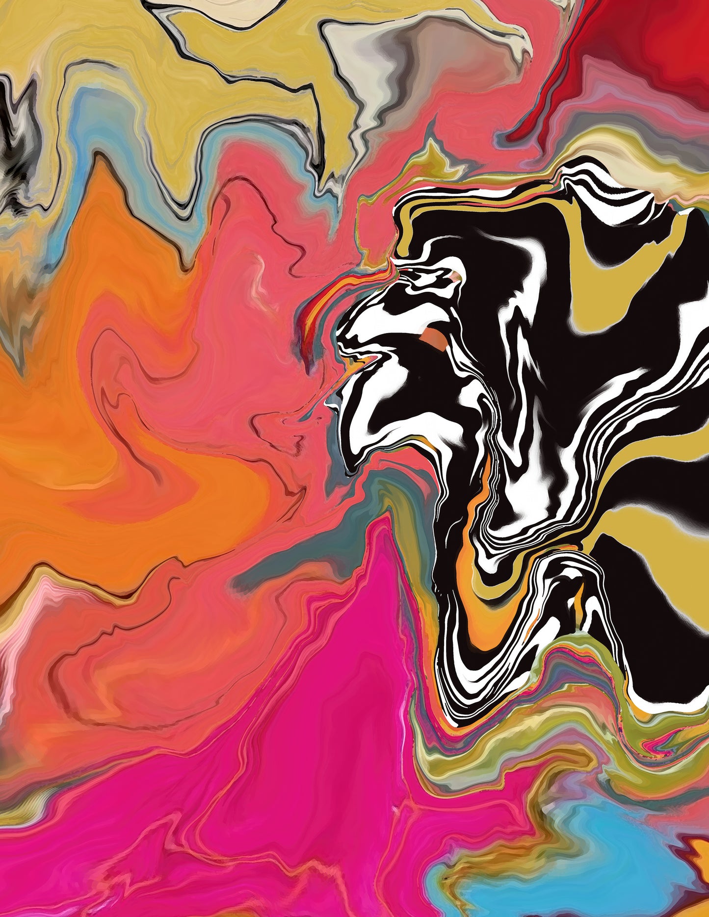 Abstract artwork with swirling colors and a prominent black and white figure.