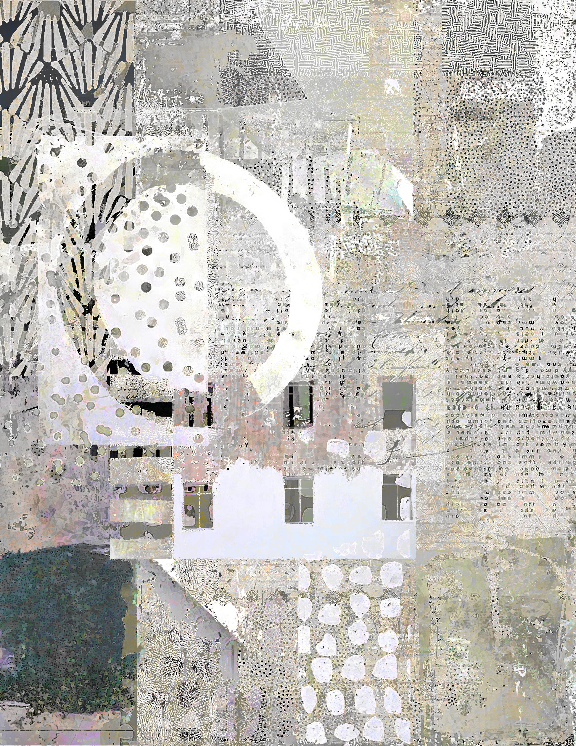 Abstract mixed-media collage artwork featuring geometric shapes, textured patterns, and layered paper elements in neutral tones of beige, gray, white, and muted green.