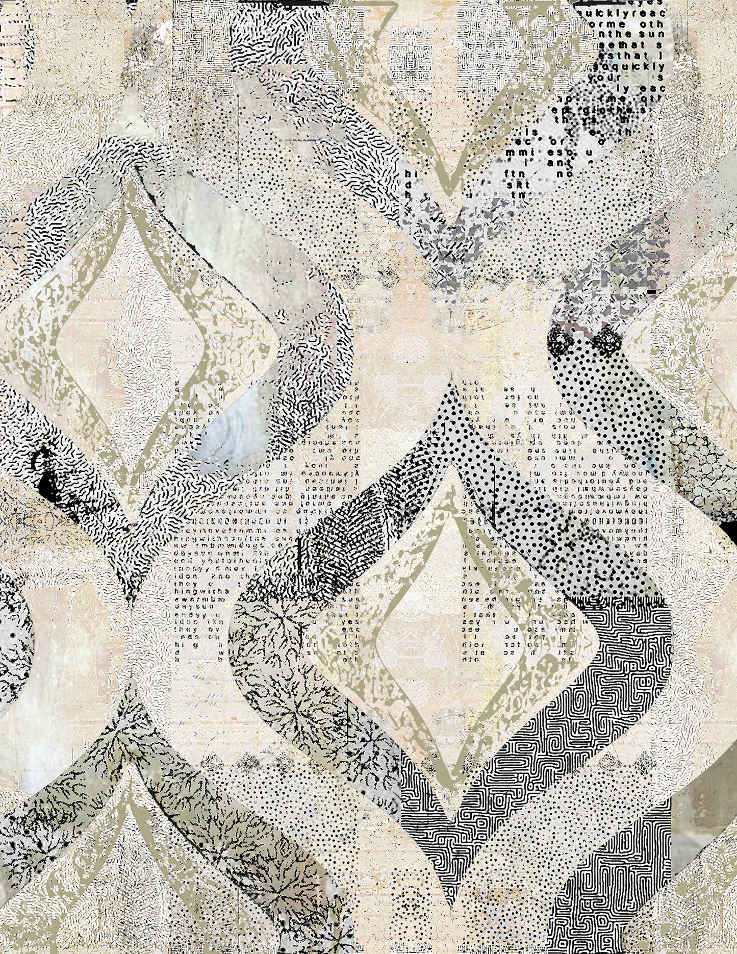 A close-up of a patchwork fabric or wallpaper pattern featuring geometric diamond and wave shapes in beige, cream, gray, black, and muted olive green, with mixed textures including dots, stripes, and floral prints.