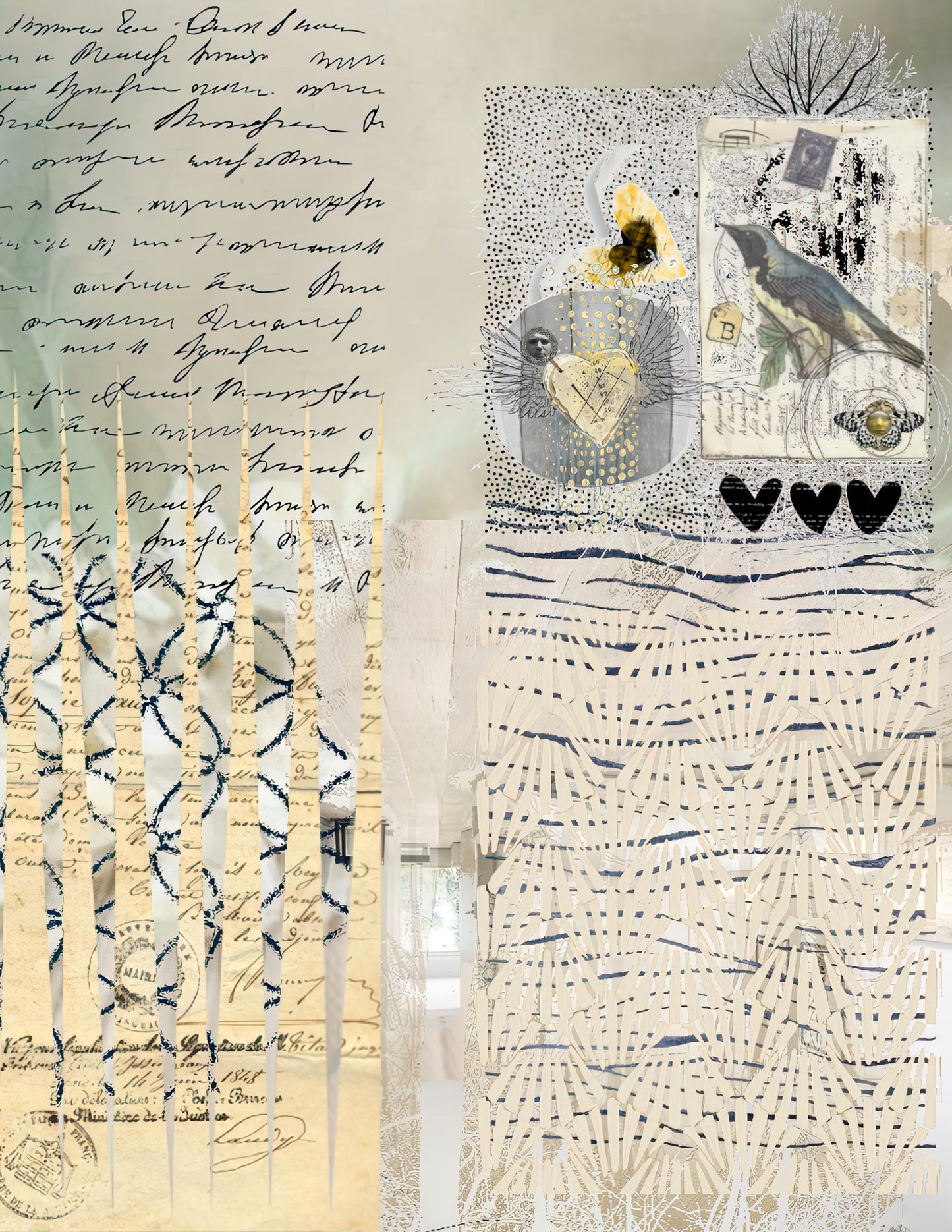 A mixed-media collage artwork featuring vintage-style elements including handwritten script, patterned paper, ribbons, a bird illustration, heart shapes, and textured cream and navy sections.