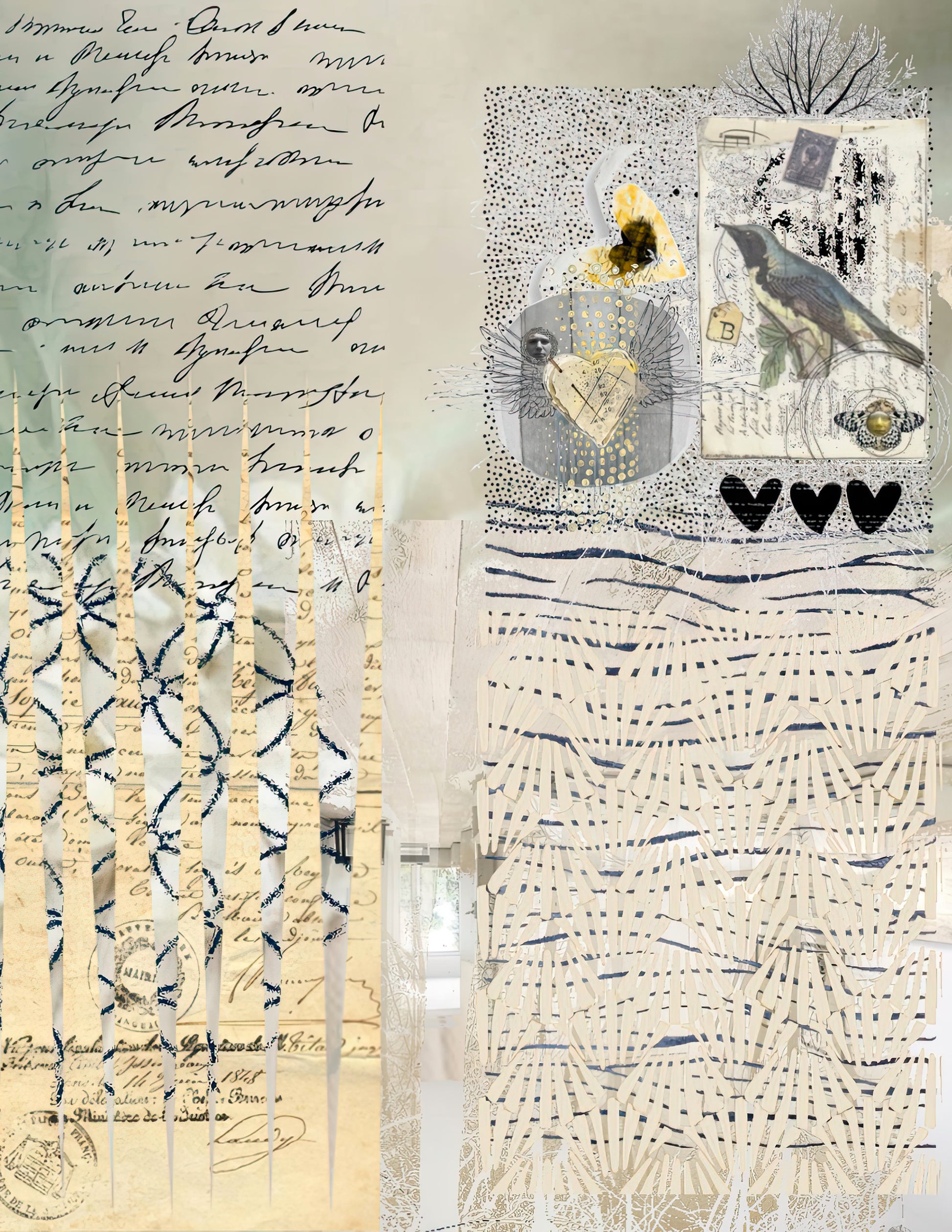 A mixed-media collage artwork featuring vintage-style elements including handwritten script, patterned paper, ribbons, a bird illustration, heart shapes, and textured cream and navy sections.