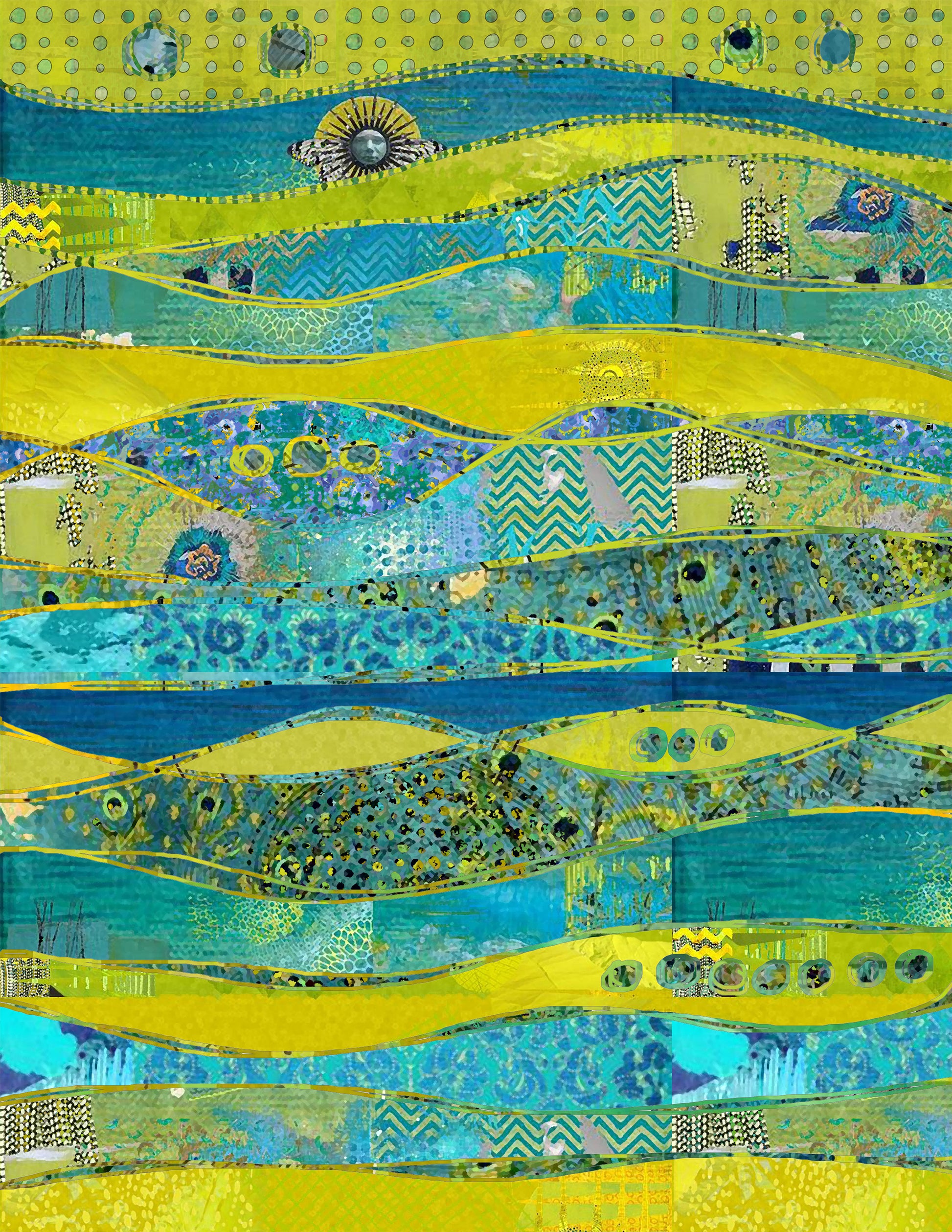 Abstract artwork with wavy patterns in blue, yellow, and green.