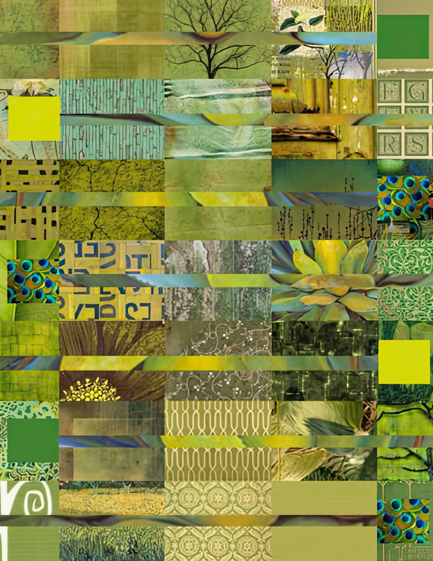 A square collage artwork made of many horizontal and vertical strips in mixed greens, yellows, beige, and brown, featuring botanical, landscape, pattern, and text-like imagery.