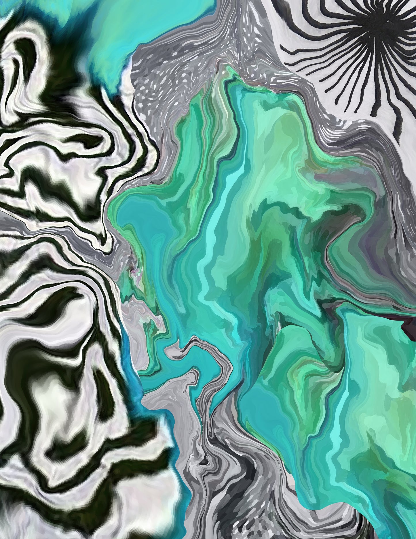 Abstract art with swirling patterns in black, white, and green.