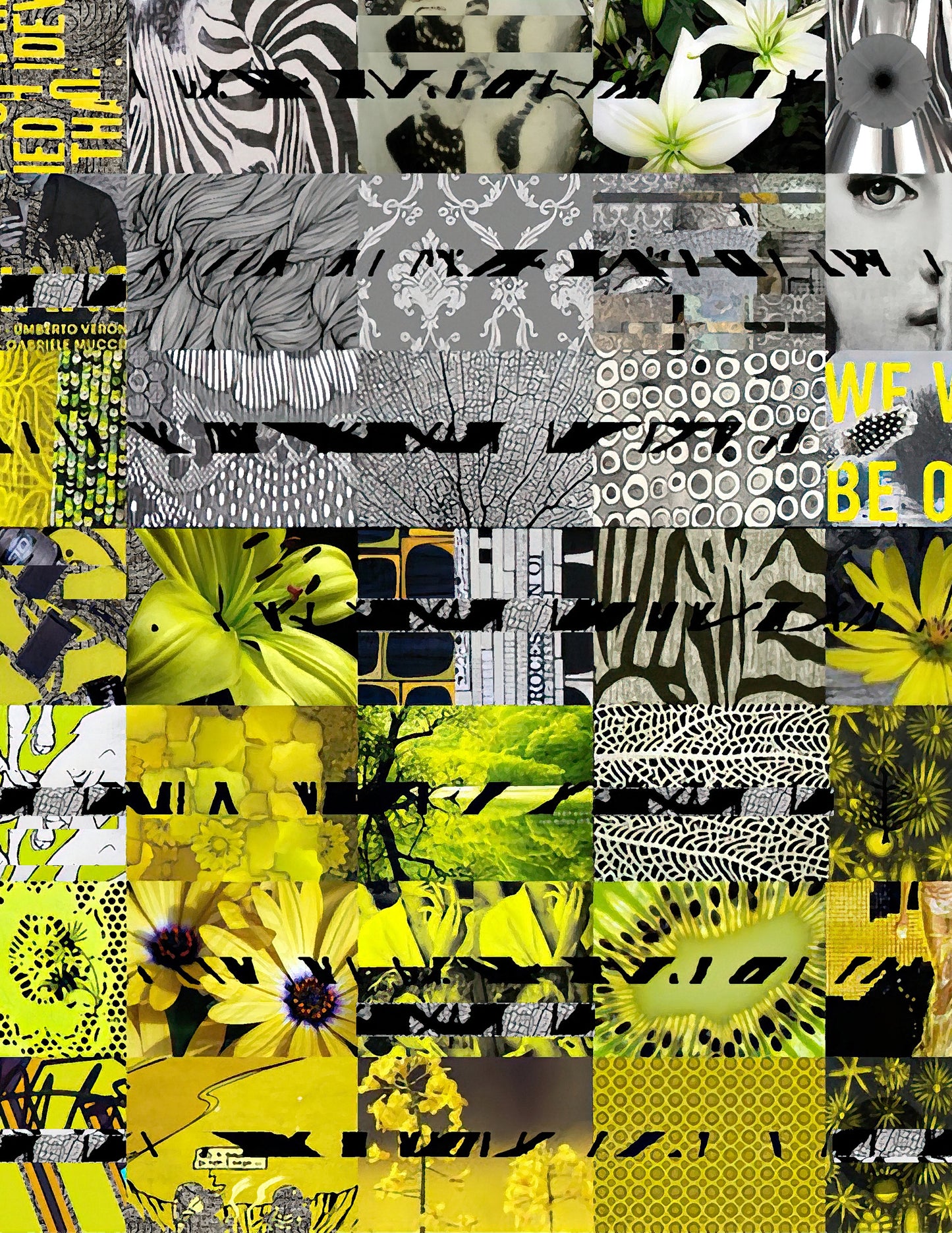 A square collage print featuring a patchwork of yellow, black, white, and gray patterns, including floral imagery, zebra stripes, abstract line drawings, and text fragments.
