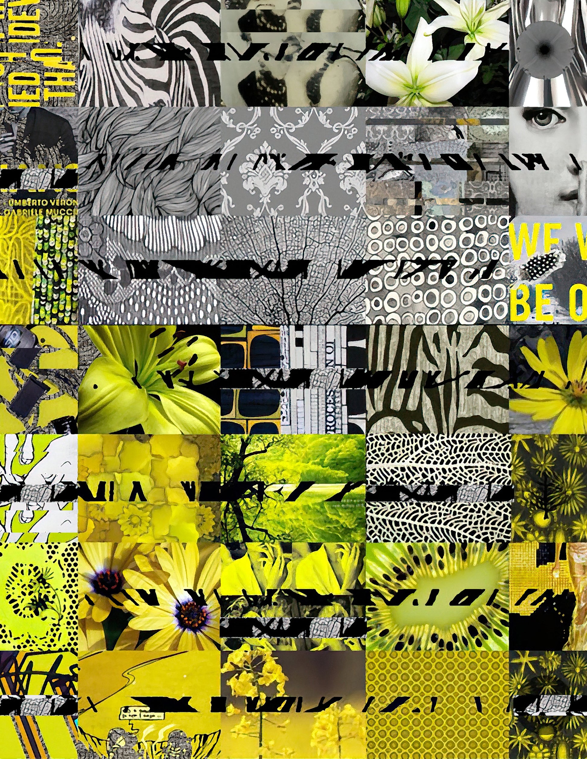 A square collage print featuring a patchwork of yellow, black, white, and gray patterns, including floral imagery, zebra stripes, abstract line drawings, and text fragments.