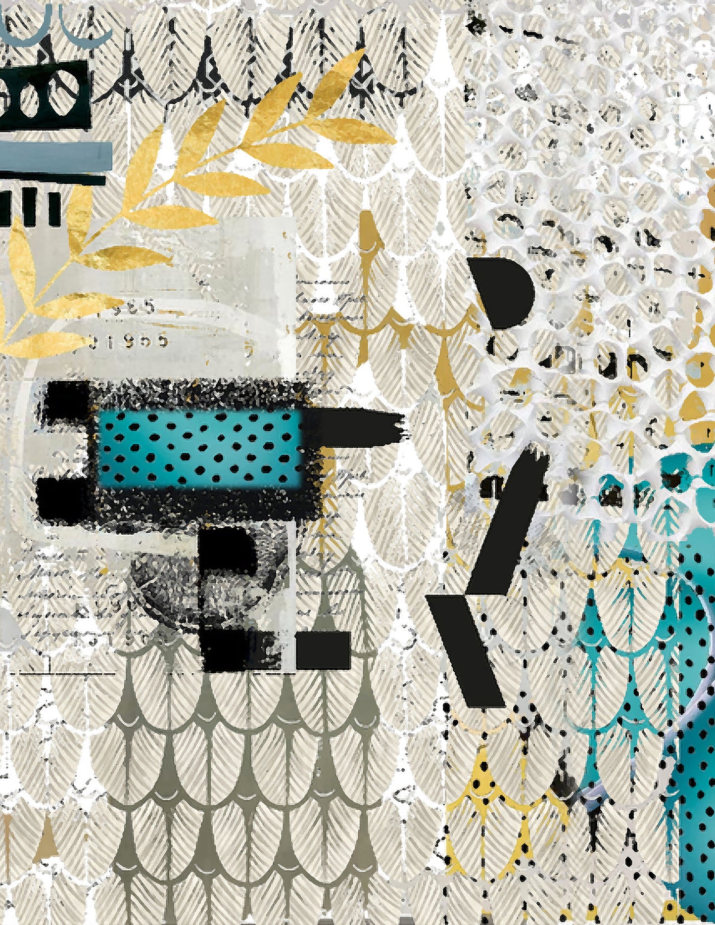 Abstract mixed-media collage artwork featuring black brushstrokes, teal polka dots, gold leaf-like shapes, and layered vintage-style paper textures on a light neutral background.