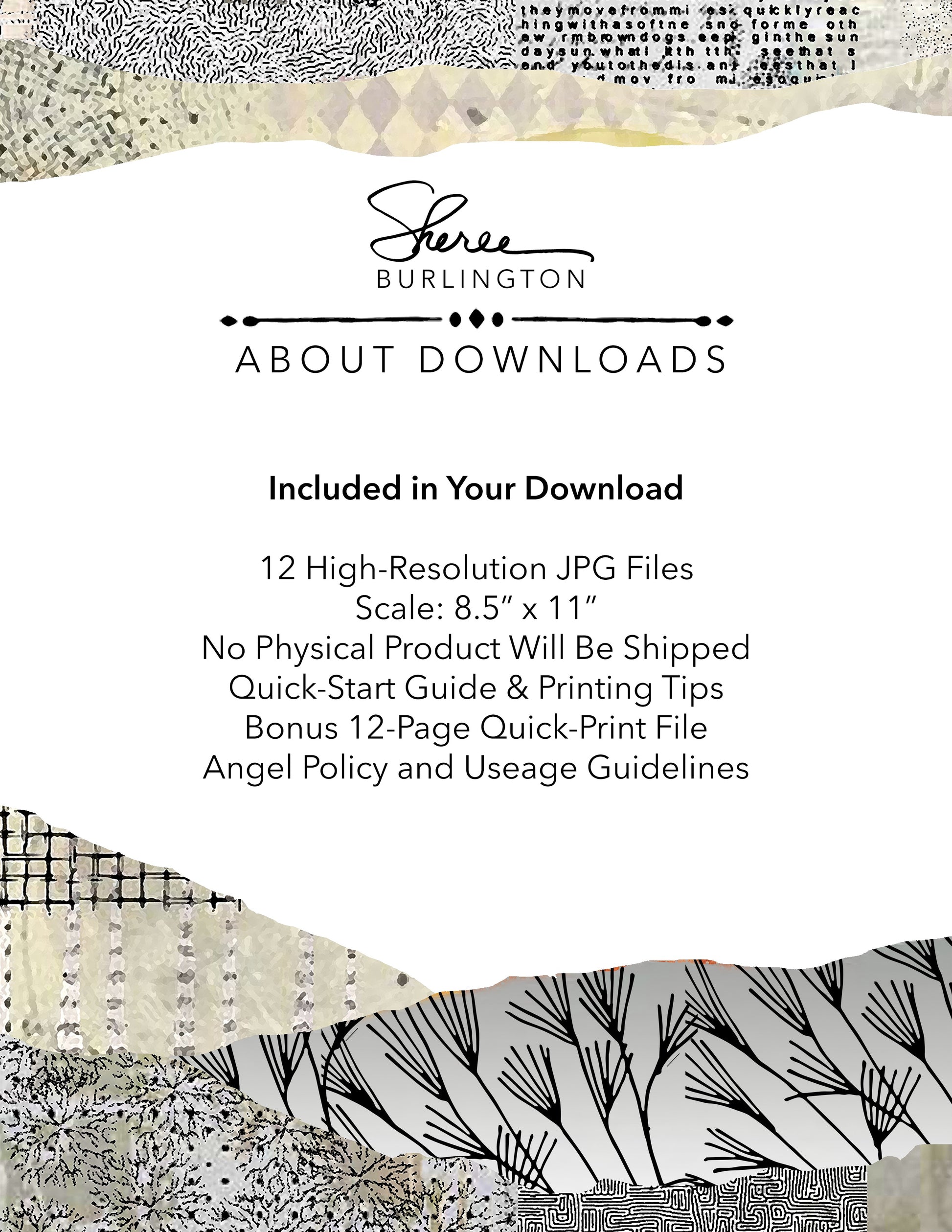 Sheet of paper with text about downloads and design files, featuring a decorative border.