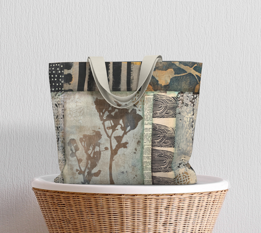 Autumn Field Botanical Collage - Large Lined Tote Bag