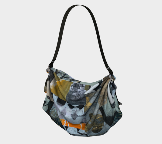 Handbag with abstract pattern on a light gray background